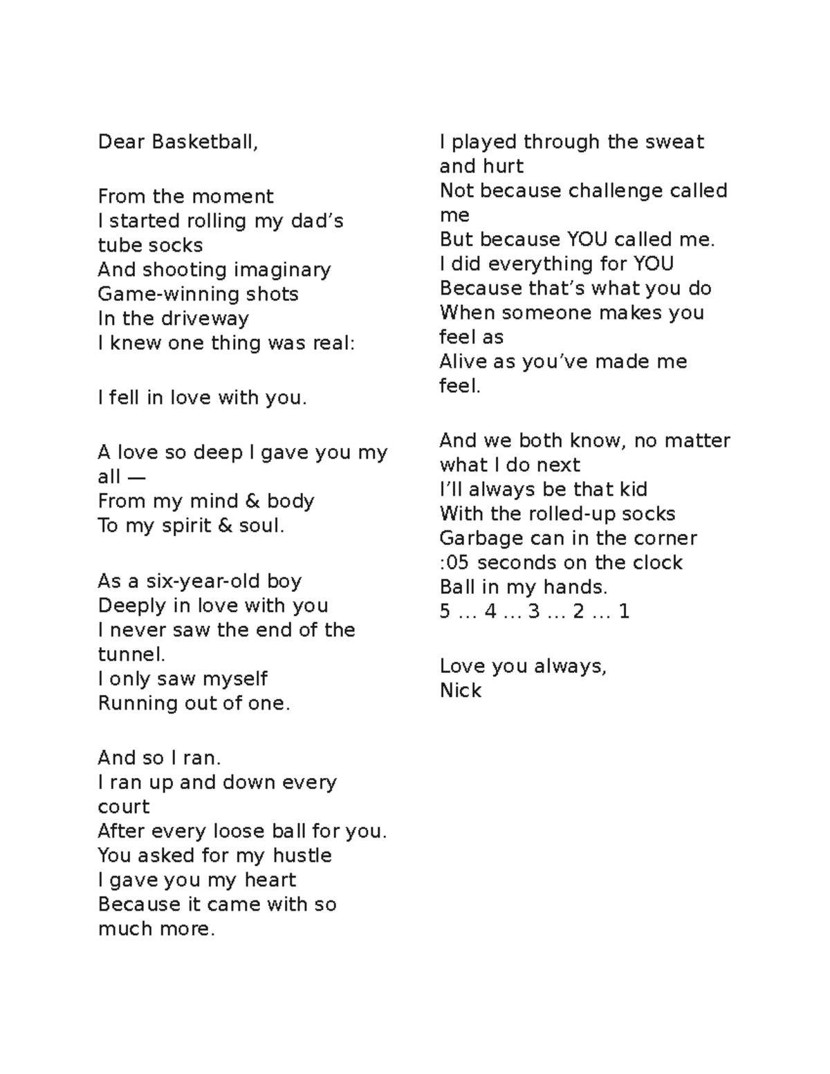Basketball Poem - Poem for Object Performance - Dear Basketball, From