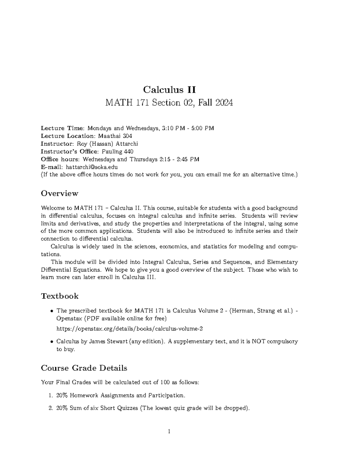 Syllabus Math 171 MW - Calculus II MATH 171 Section 02, Fall 2024 ...