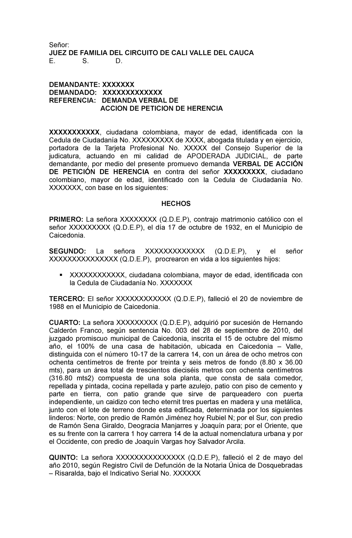 Introducir 83+ imagen modelo de demanda de peticion de herencia en colombia