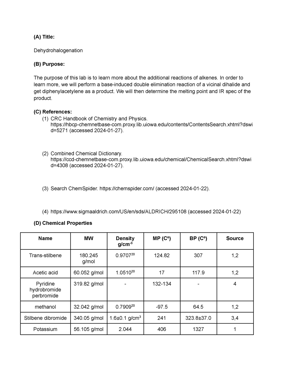 Pre Lab Dehydrohalogenation - (A) Title: Dehydrohalogenation (B ...