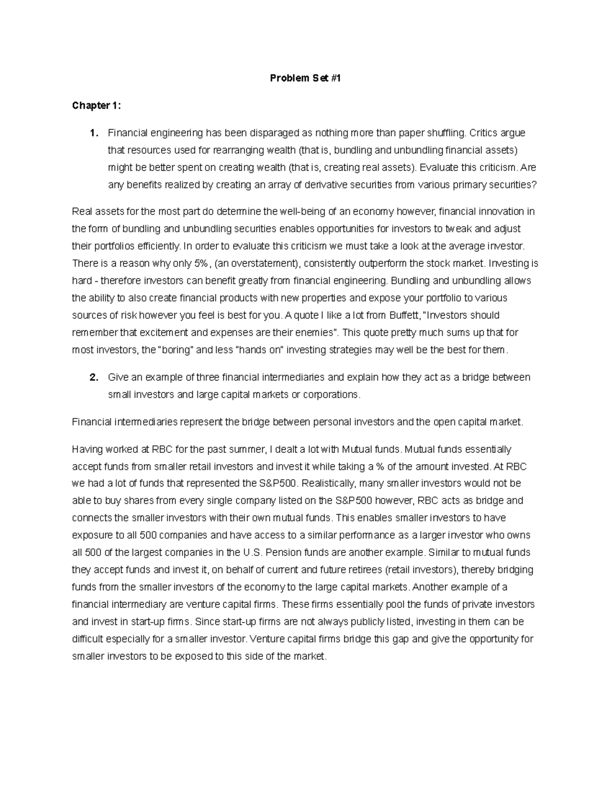 Problem Set #1 - math questions - Problem Set # Chapter 1: Financial ...