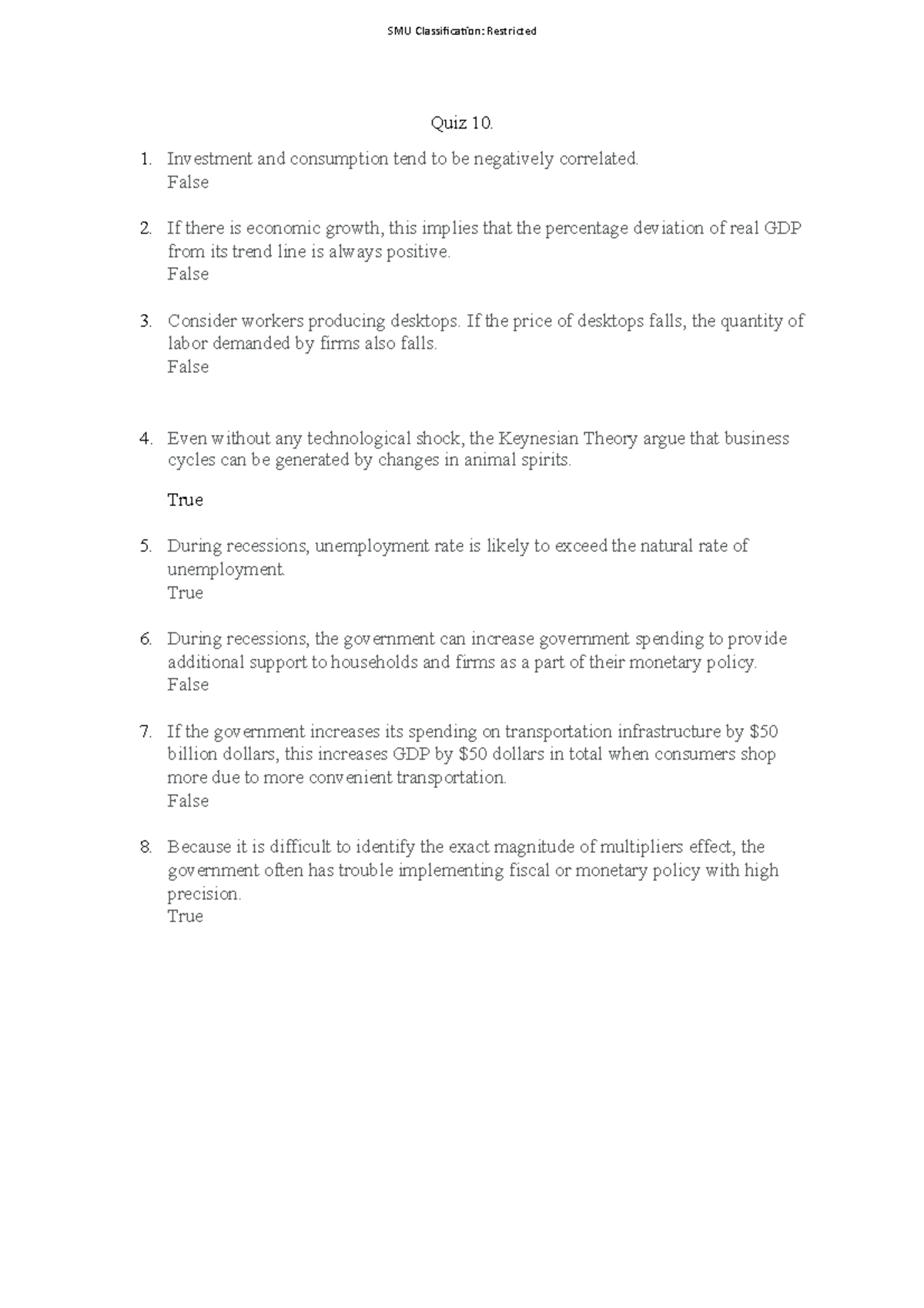 AY19/20 quiz 10 - SMU Classification: Restricted Quiz 10. Investment ...