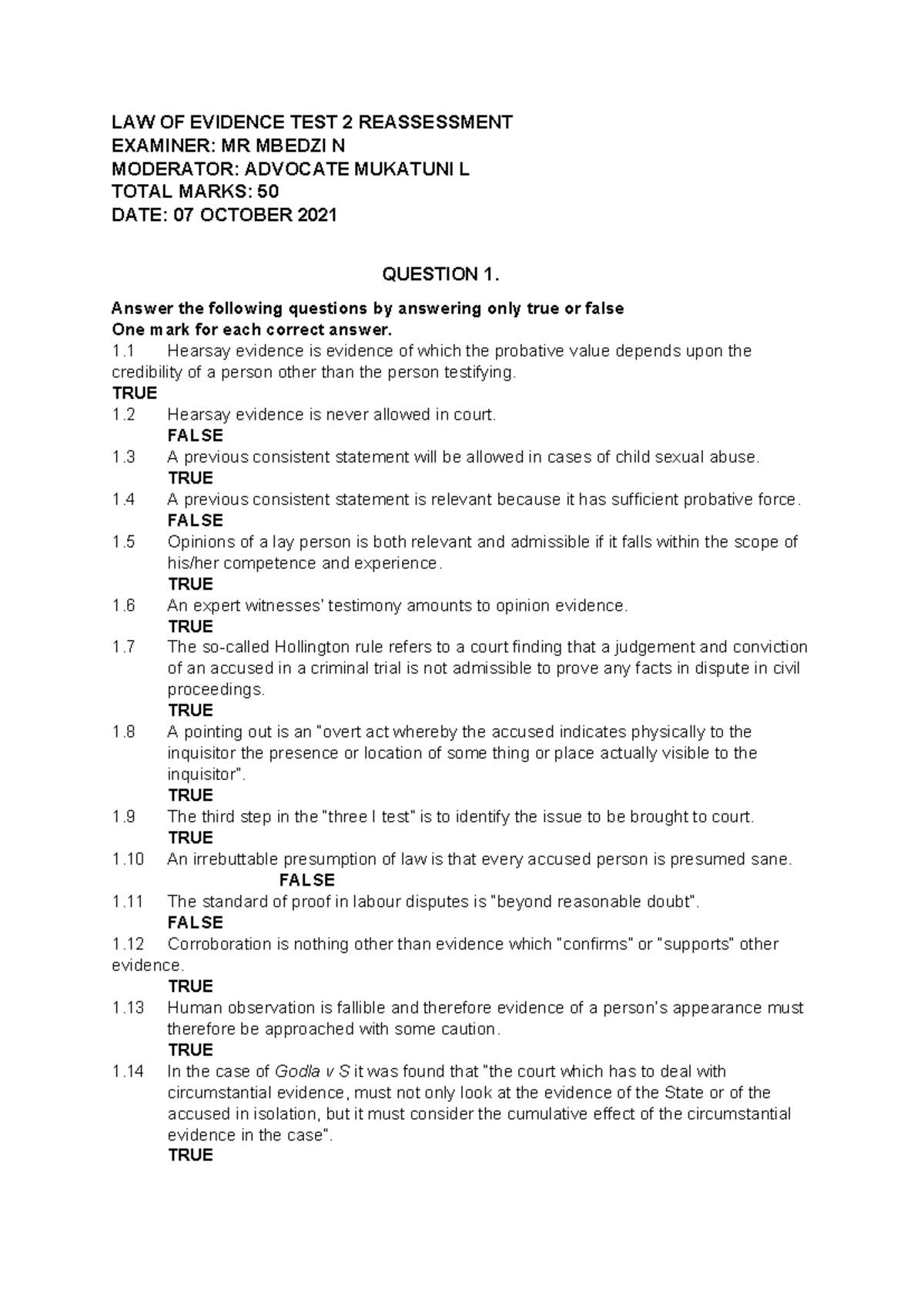 LAW OF Evidence TEST 2 Reassessment - LAW OF EVIDENCE TEST 2 ...