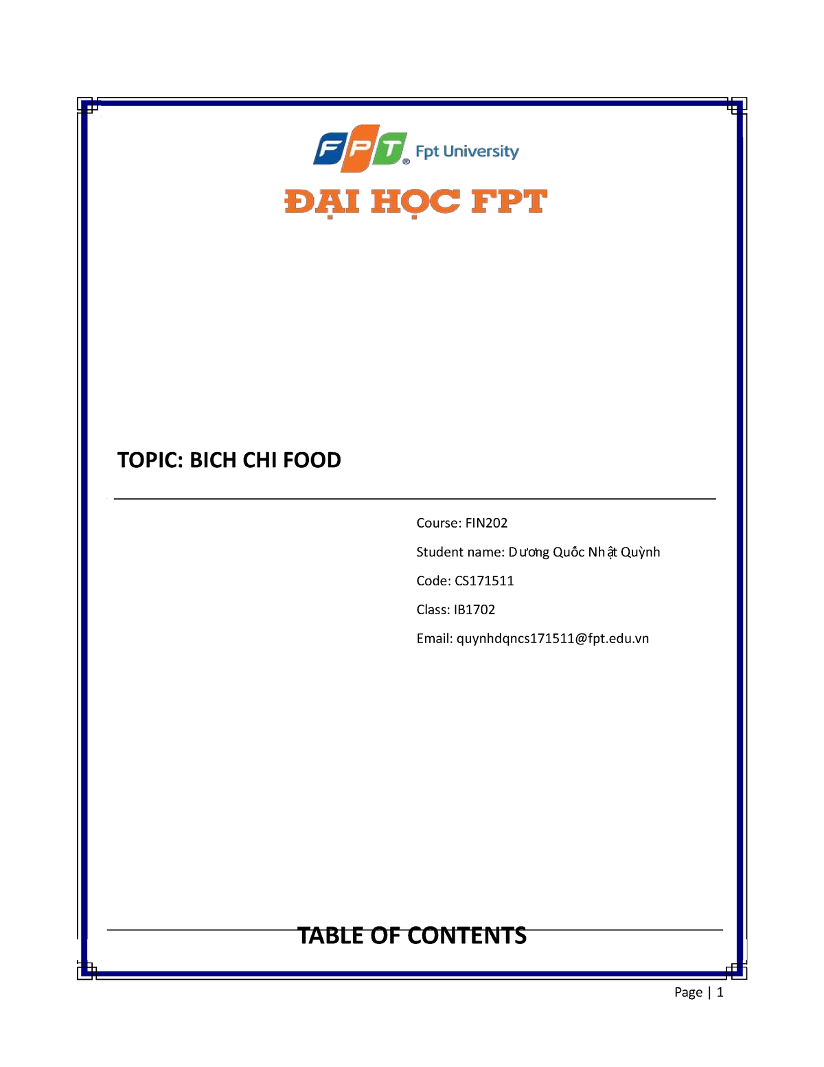 Individual Assignment FIN202 - TOPIC: BICH CHI FOOD Course: FIN Student ...