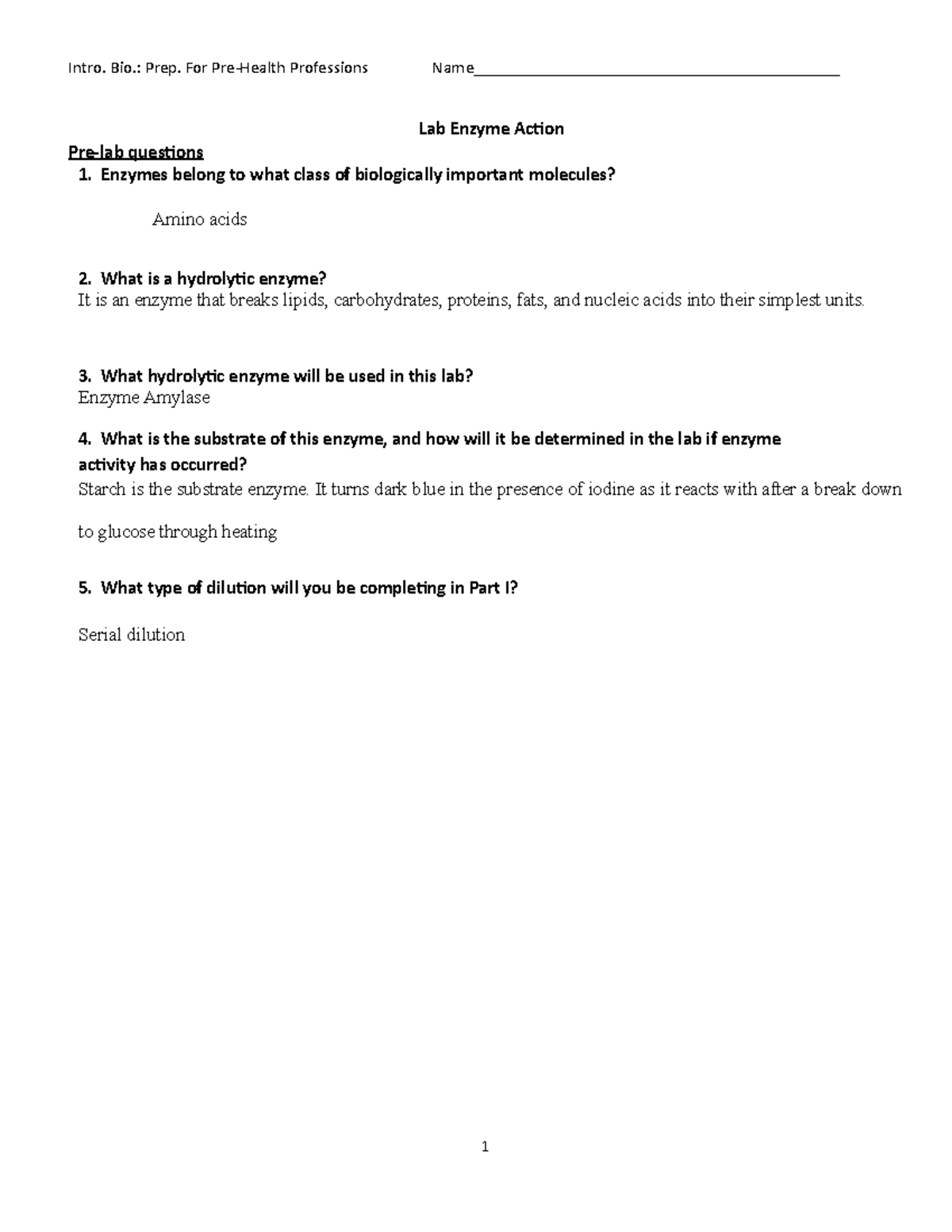 Enzyme Action Part 1 Spring 20211 Lab Enzyme Action Prelab