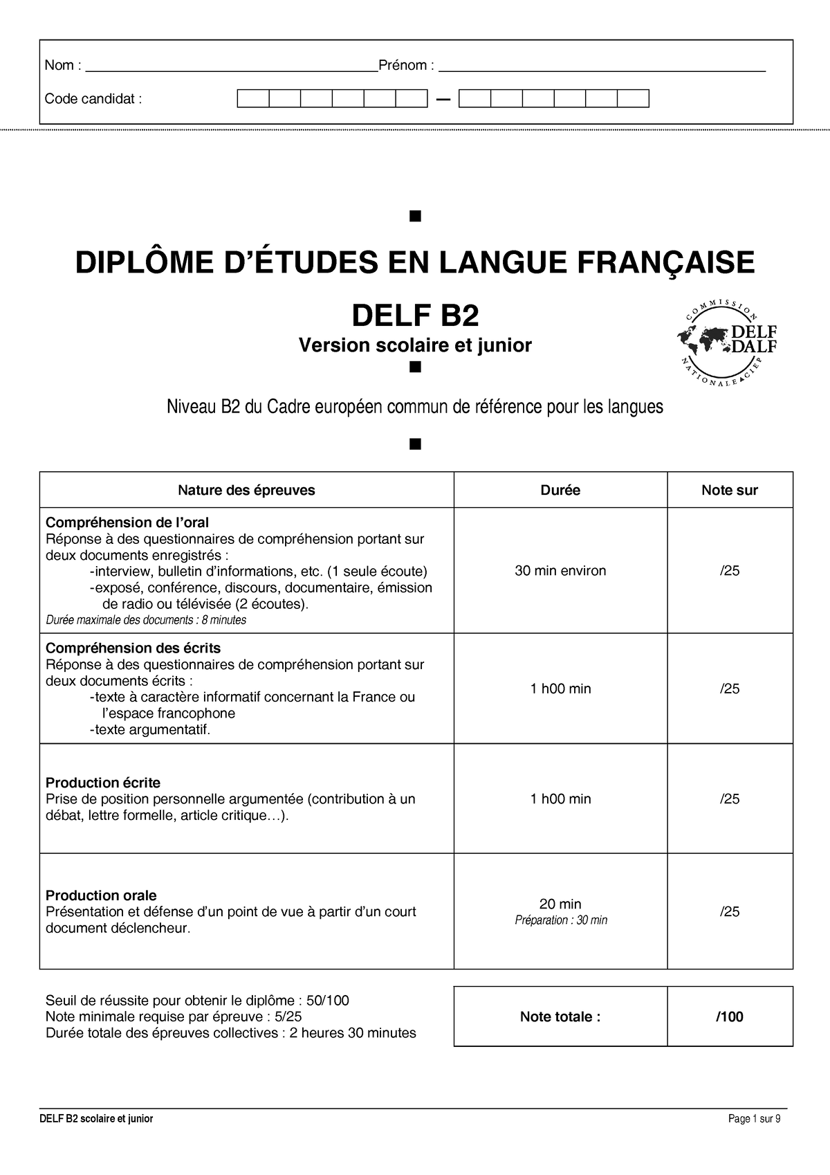 Exemple 1 Sujet Delf B2 Junior - Nom : Prénom :. Code Candidat ...