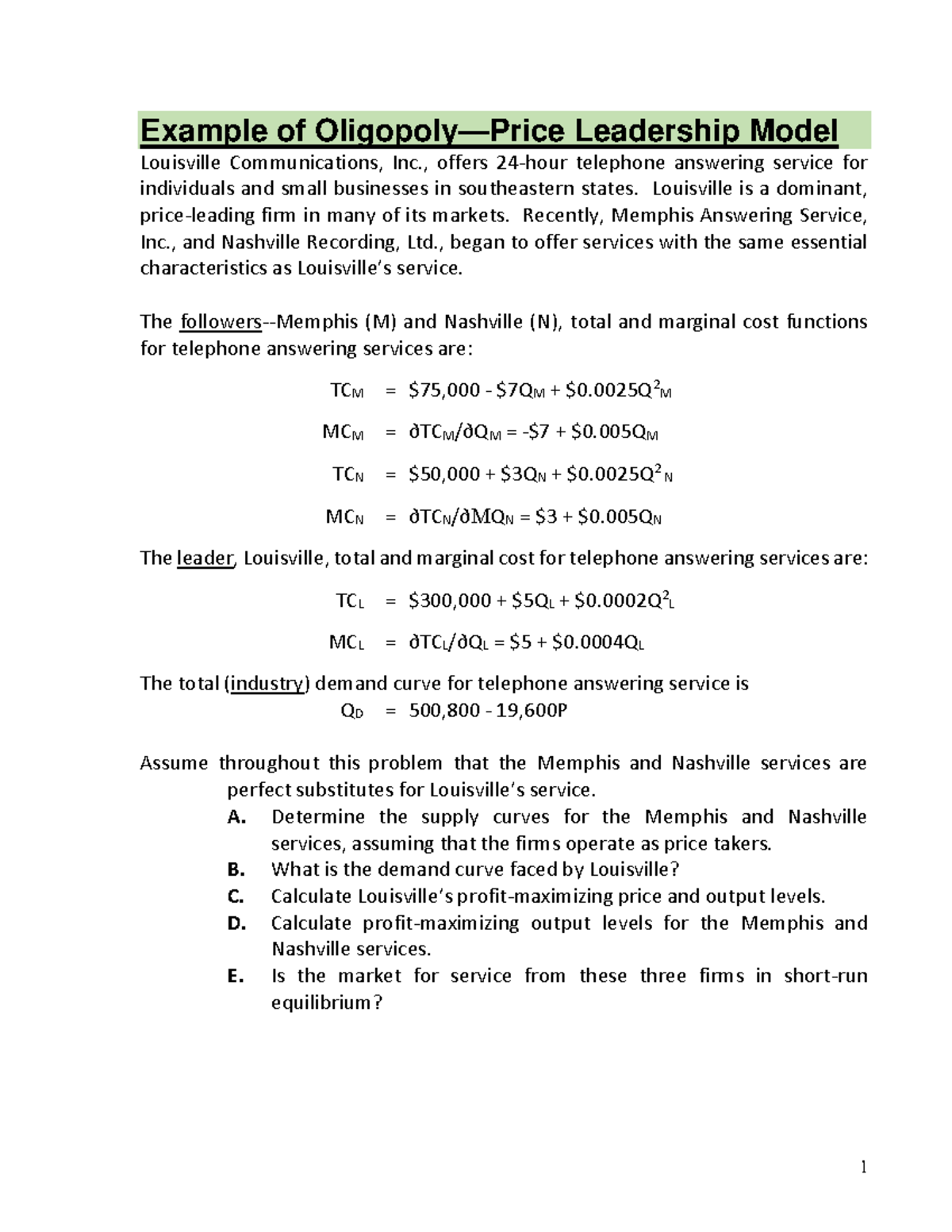 9 Chapter 9 Problems From Notes Oligopoly - Example Of Oligopoly—Price ...