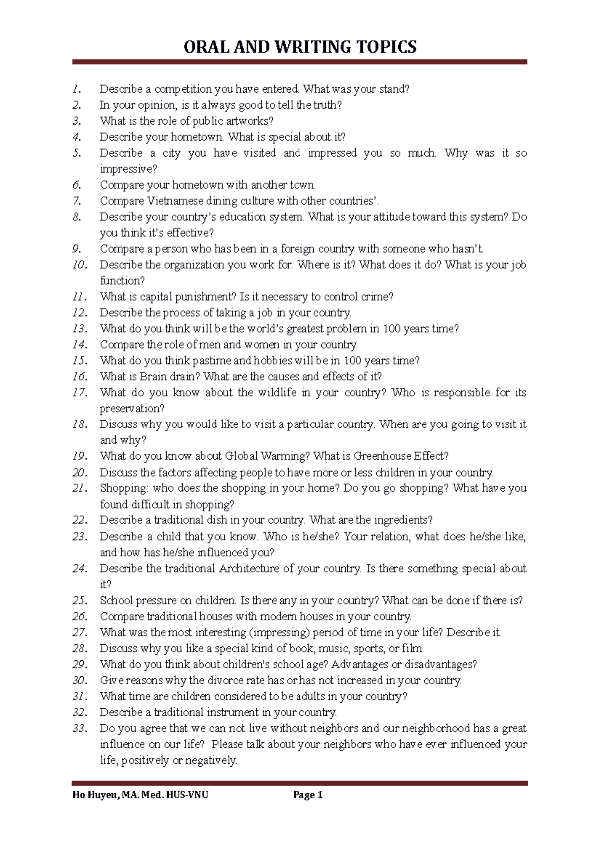 Oral and Free-writing Topics - BLS - ORAL AND WRITING TOPICS Describe a ...