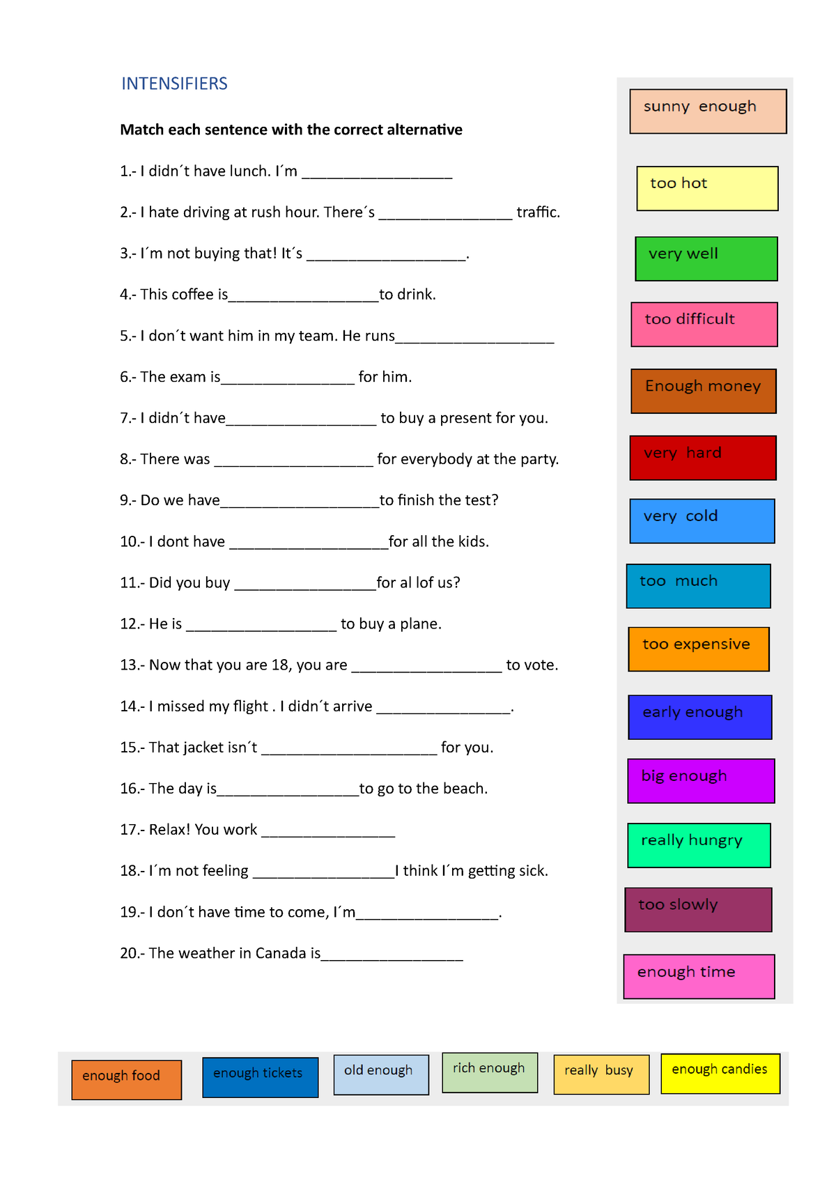 Intensifiers - INTENSIFIERS Match each sentence with the correct ...