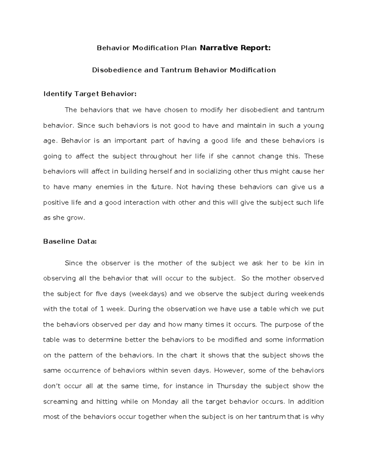 Behavior Modification Plan Narrative Report - Behavior Modification ...