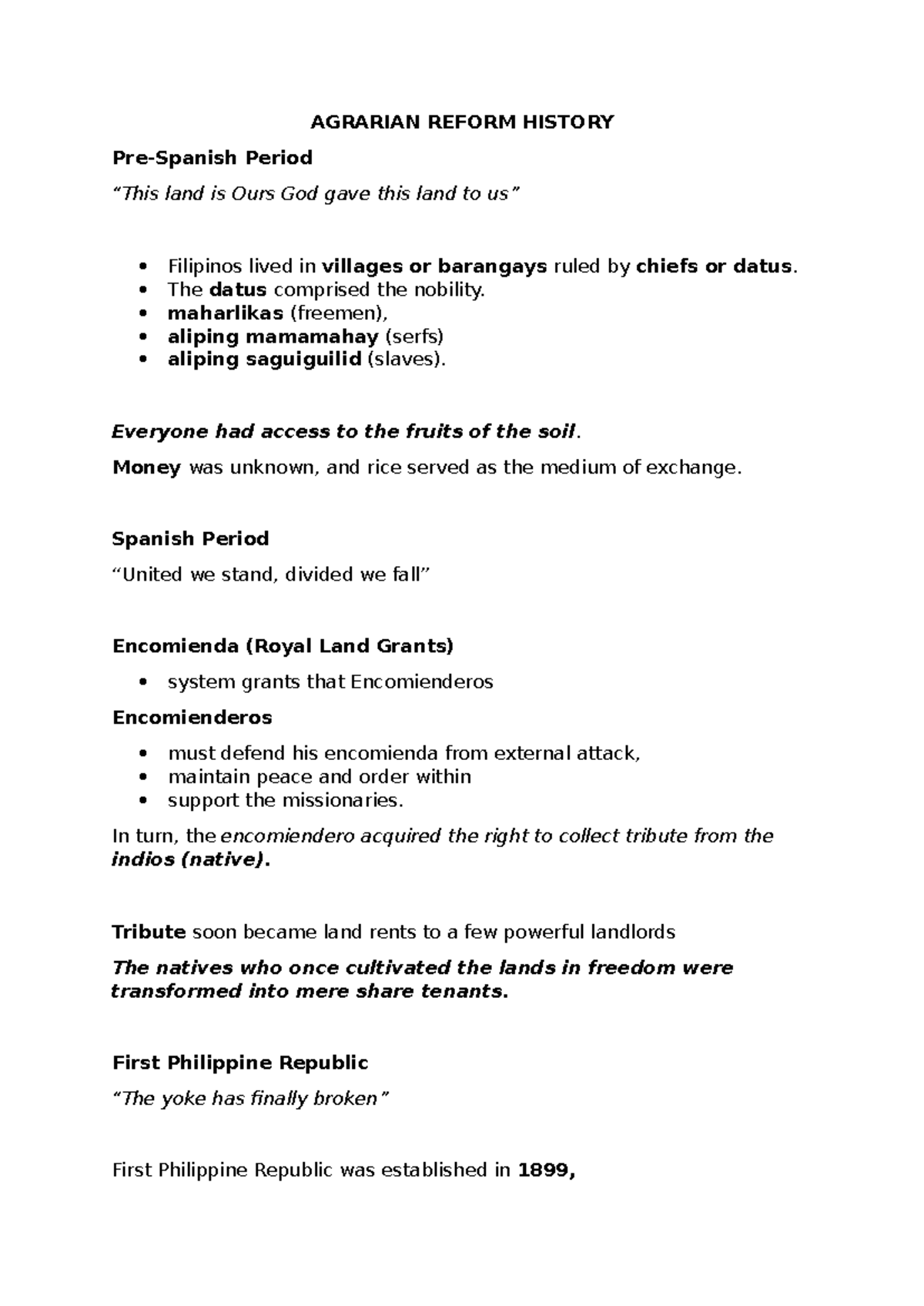 Agrarian- Reform- History - AGRARIAN REFORM HISTORY Pre-Spanish Period ...