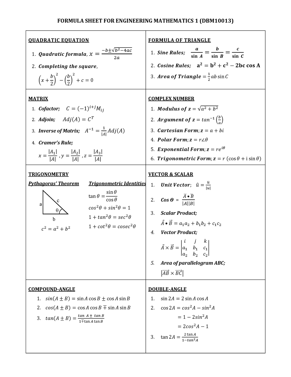 DBM10013- Formula - Lecture notes thb5vt - FORMULA SHEET FOR 