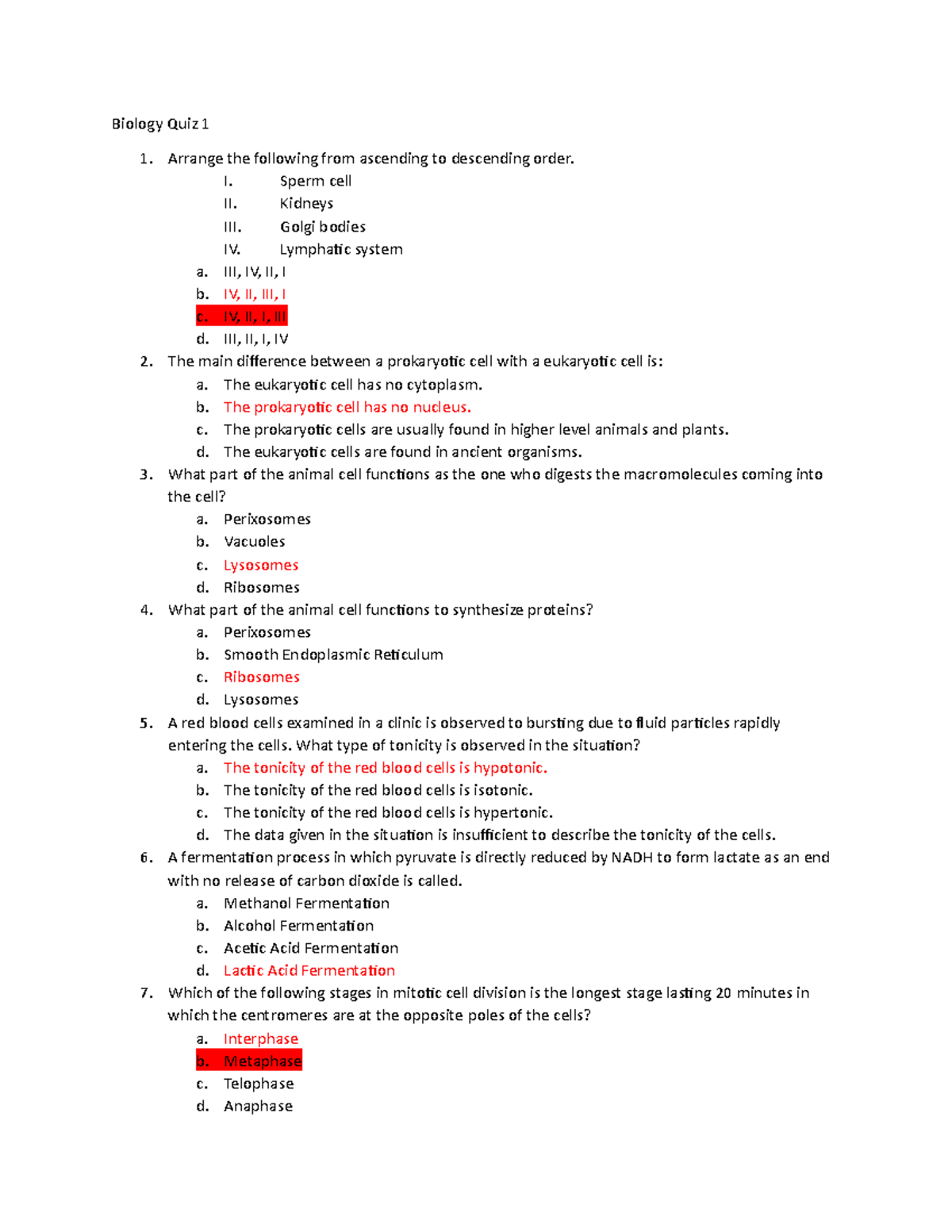 MOCK EXAM – BIOLOGY - Biology Quiz 1 Arrange the following from ...