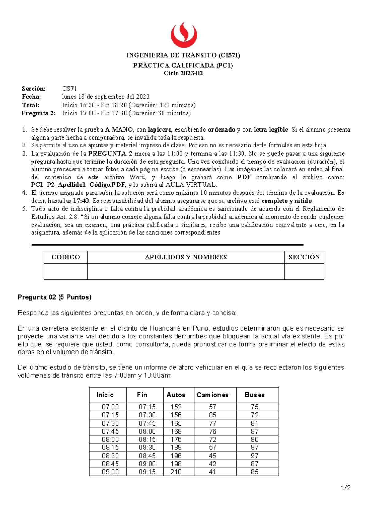 PC1 CI571 Ing Transito 2023-2 Pregunta 2 - Virtual CS71 - INGENIERÍA DE ...