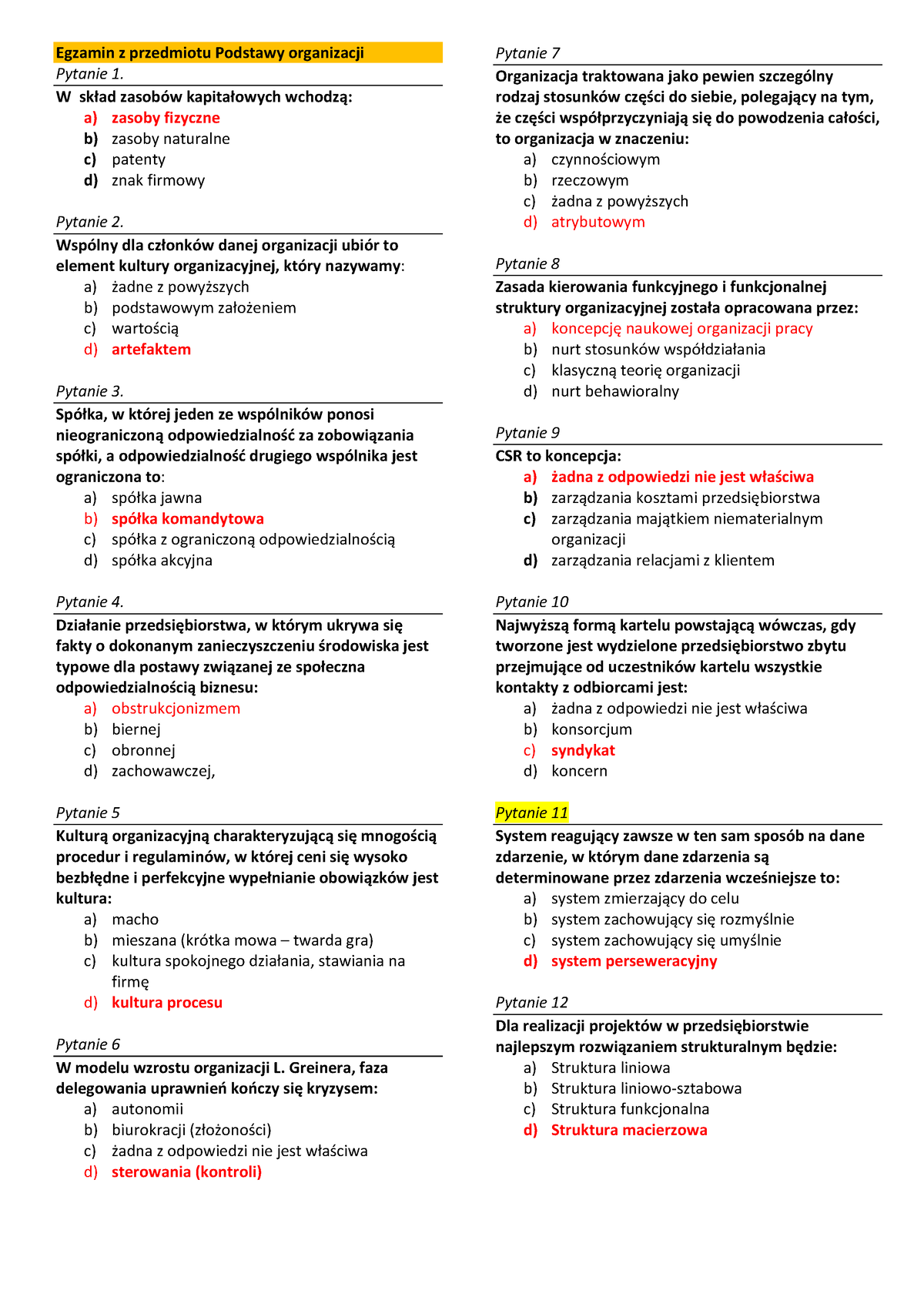 Podstawy-organizacji-pytania - Egzamin Z Przedmiotu Podstawy ...