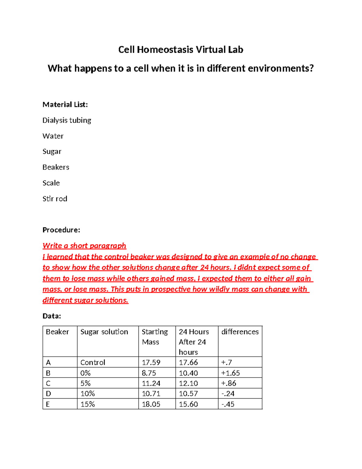 Cell Homeostasis Virtual Lab Example 1 - Cell Homeostasis Virtual Lab ...