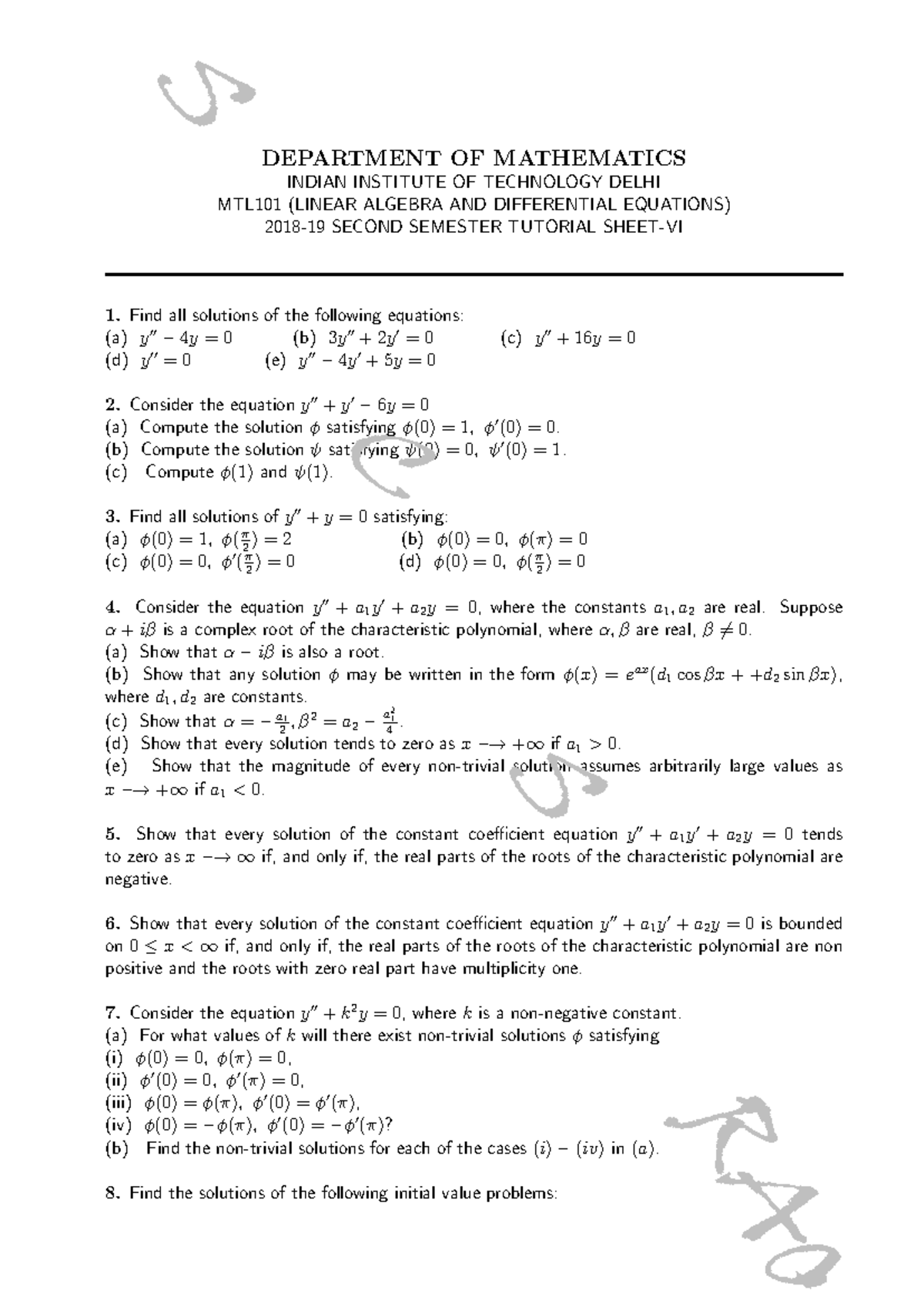 Tut Sheet 6 - DEPARTMENT OF MATHEMATICS INDIAN INSTITUTE OF TECHNOLOGY ...