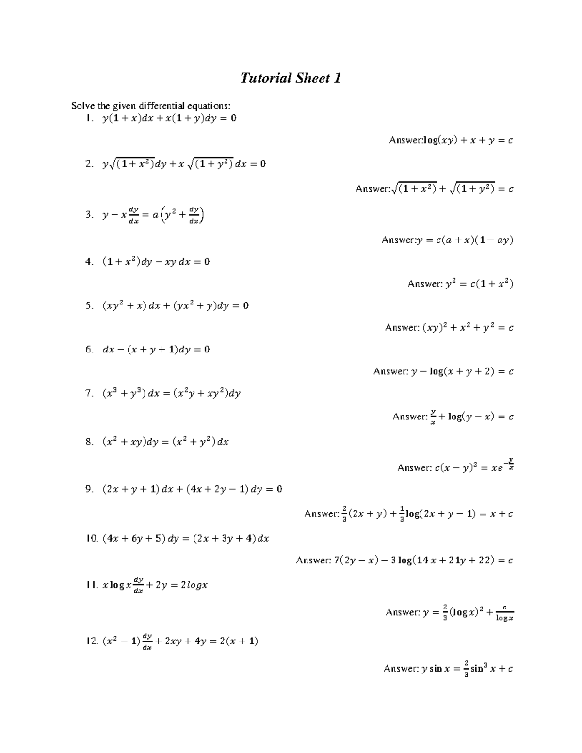 Math Assignment - Solve the given differential equations: 1. 𝑦(1 + 𝑥)𝑑𝑥 ...