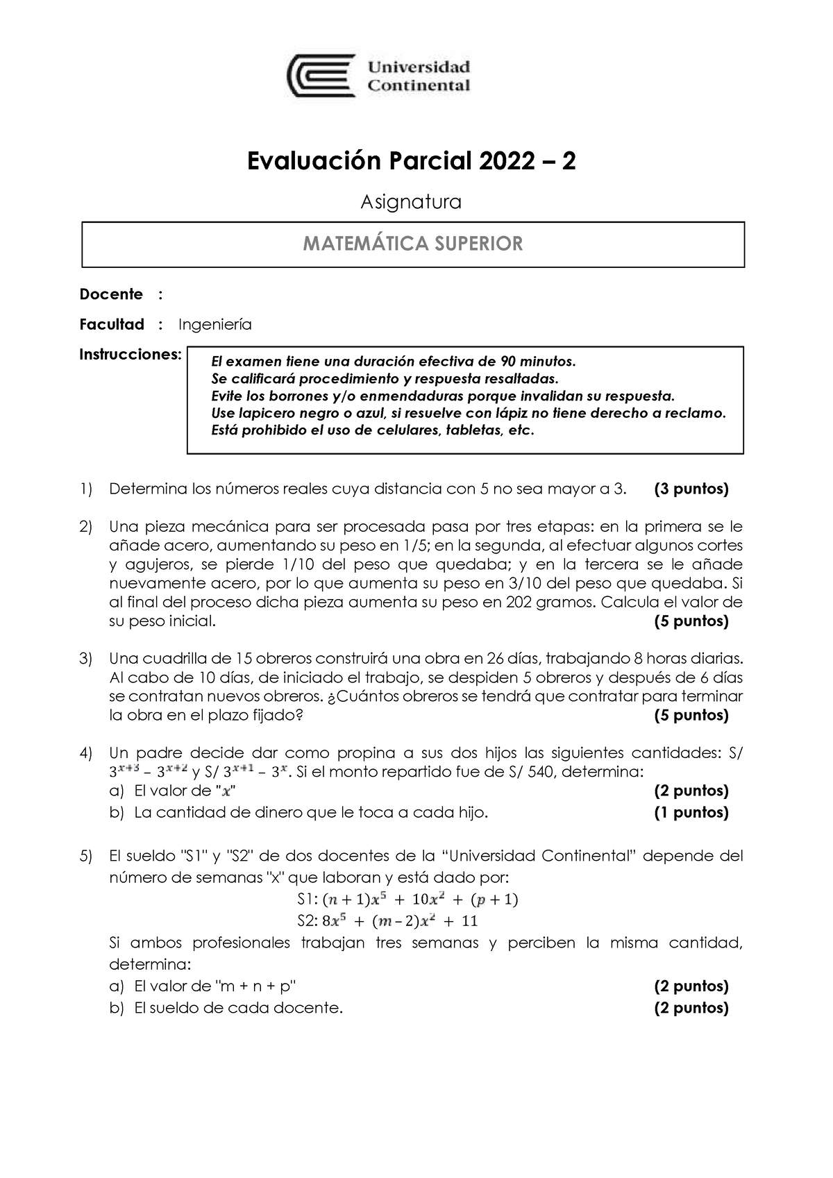 Modelo De Evaluación Parcial MAT SUP 2022 - 20 - Evaluación Parcial ...