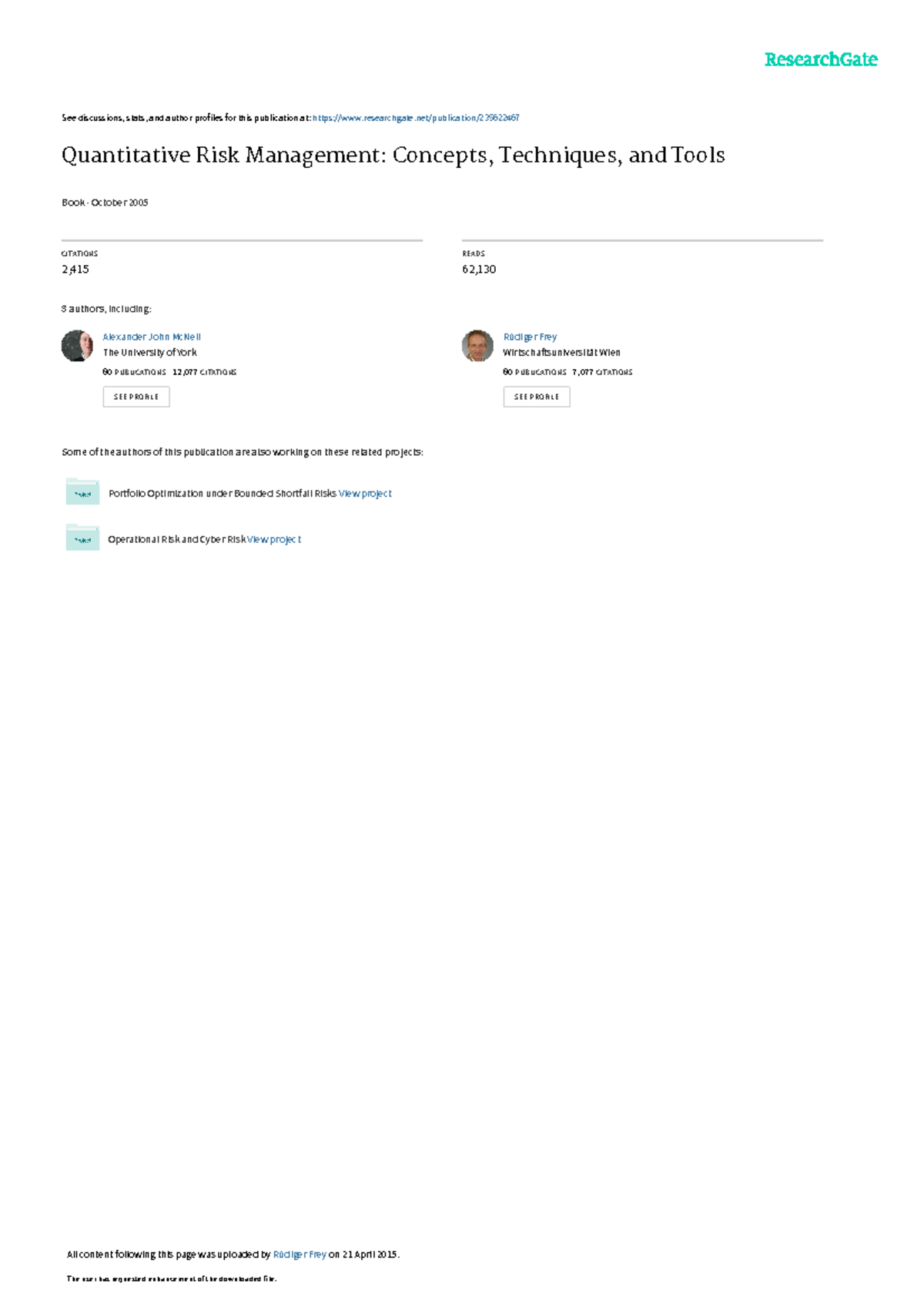 Quantitative Risk Management Concepts Techniques a - See discussions ...