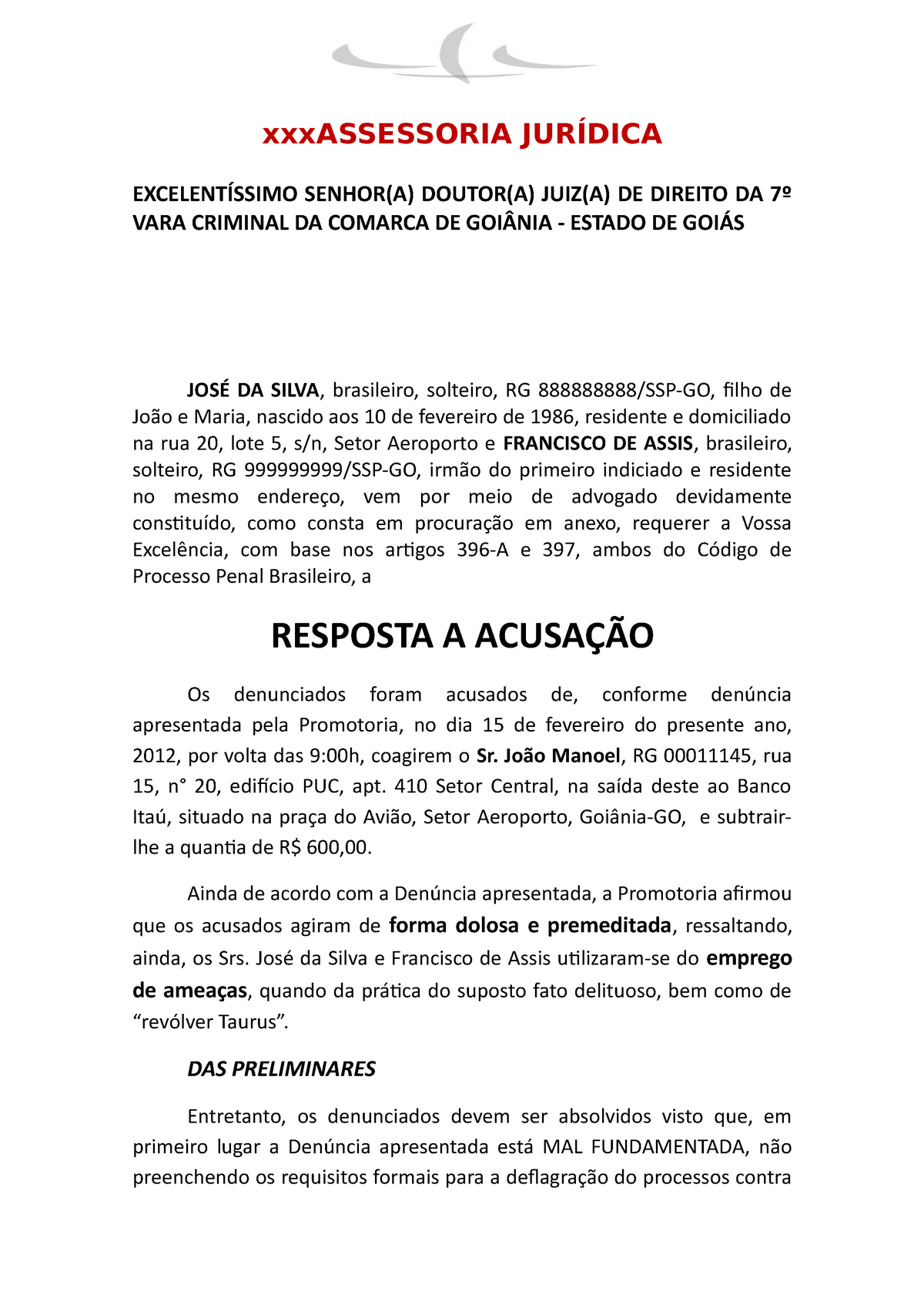 Modelo Resposta A Acusacao ExcelentÍssimo Senhora Doutora Juiza De Direito Da 7º Vara 3428