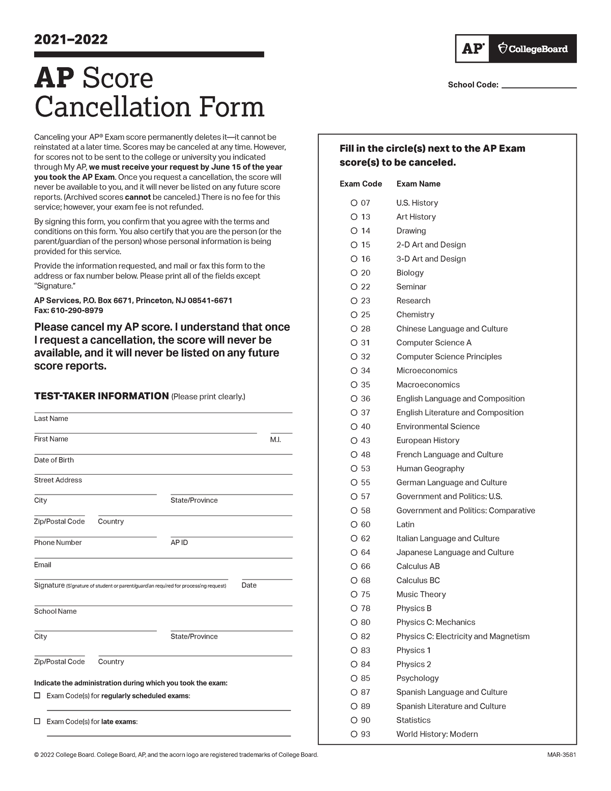 Ap Score Cancellation Form