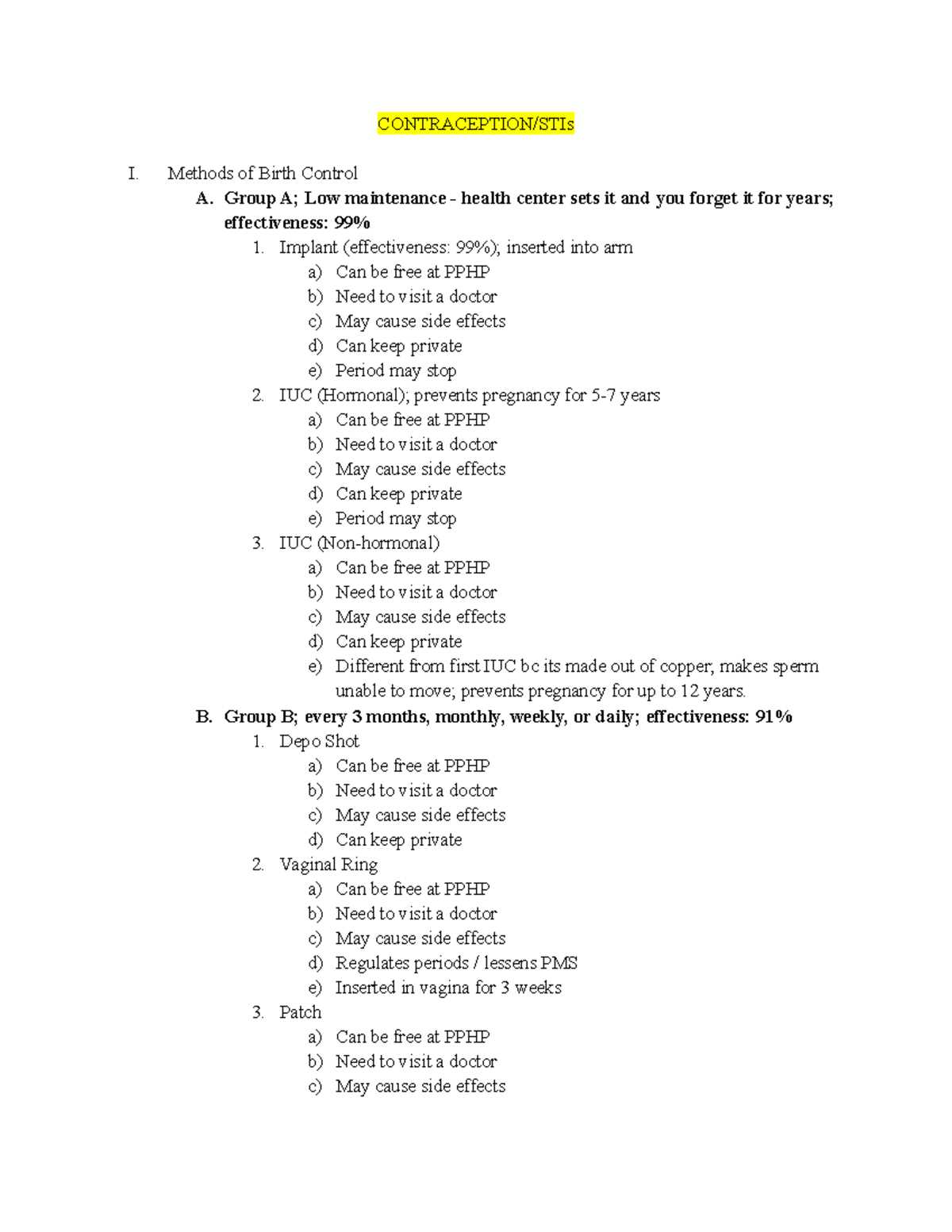 Contraception STIs - Lecture notes 6 - CONTRACEPTION/STIs I. Methods of ...