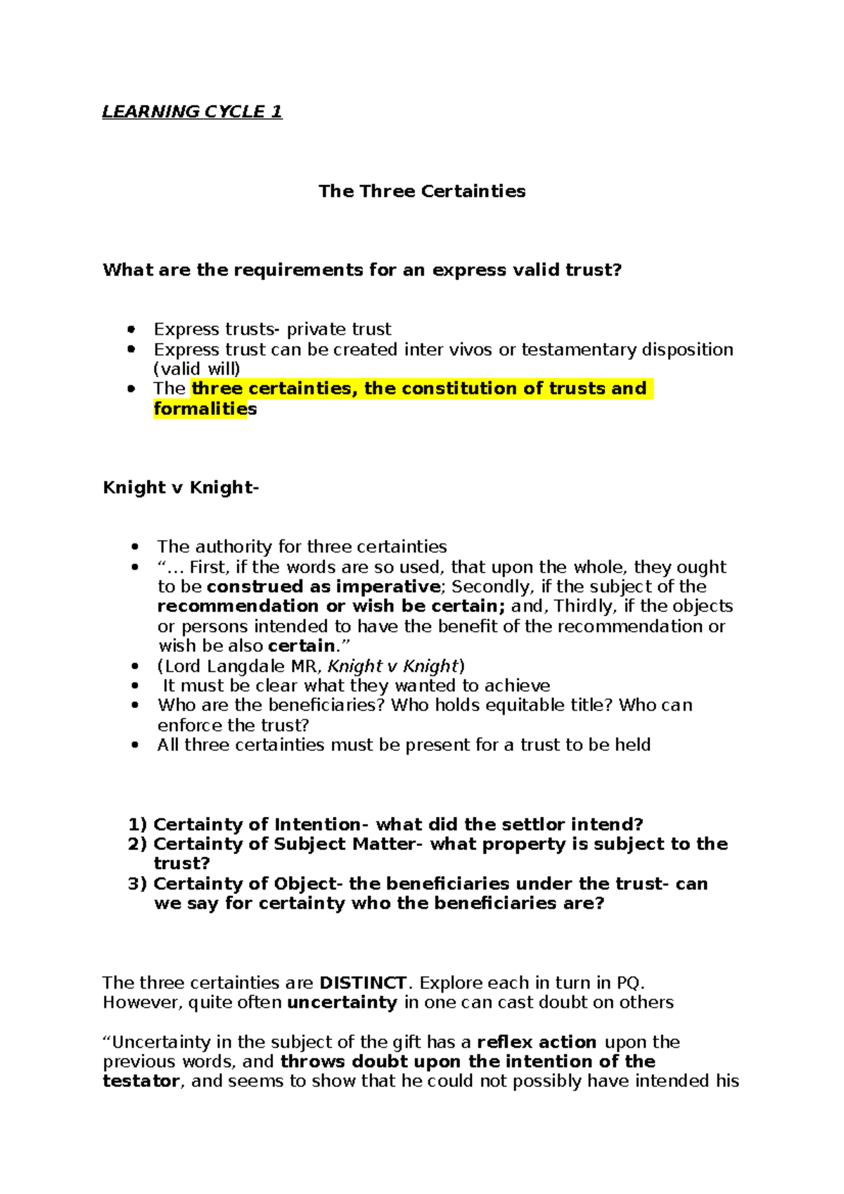 Learning Cycle 1 - Trusts 1 - LEARNING CYCLE 1 The Three Certainties ...