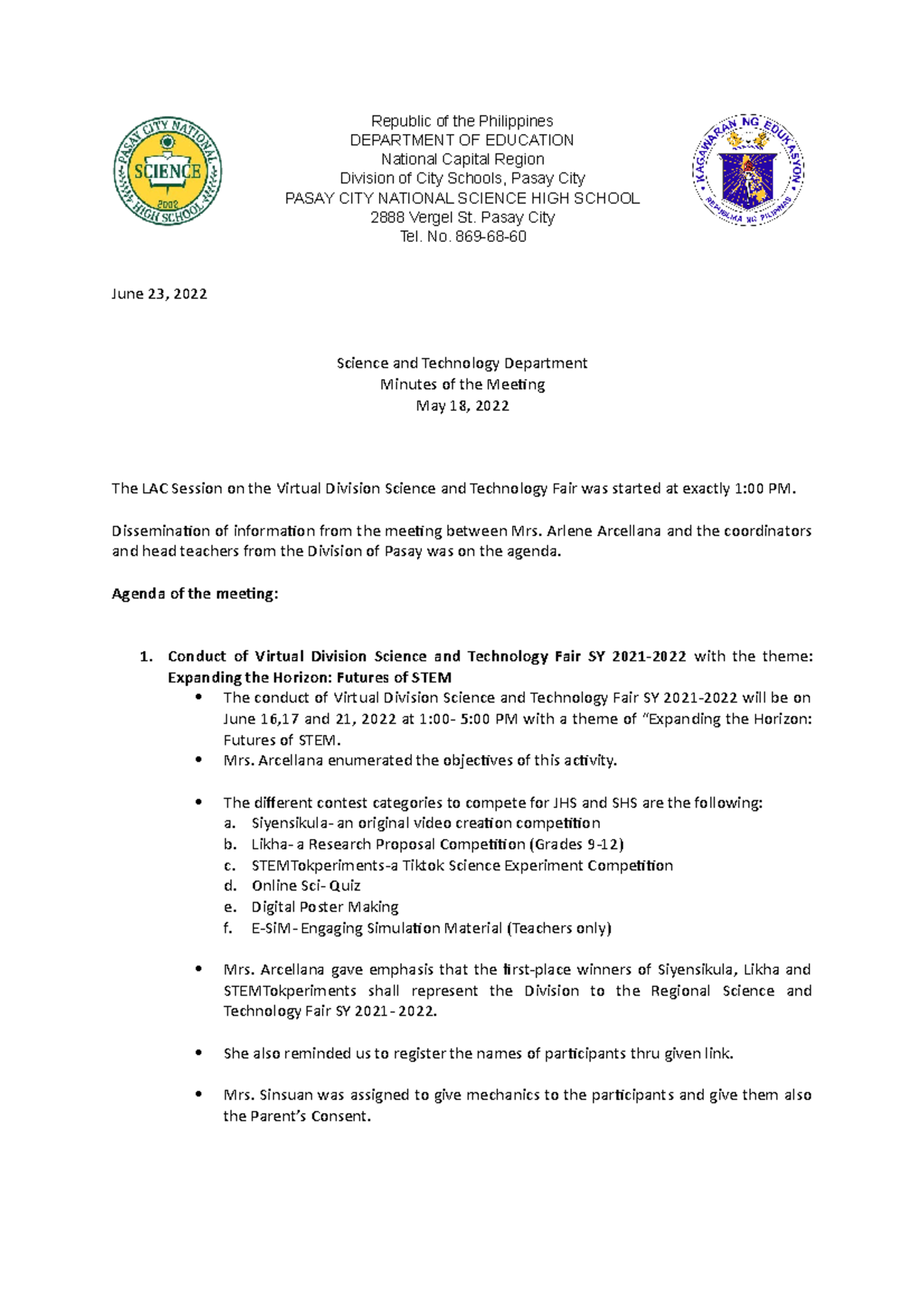 Minutes of the meeting 2021 - Republic of the Philippines DEPARTMENT OF ...