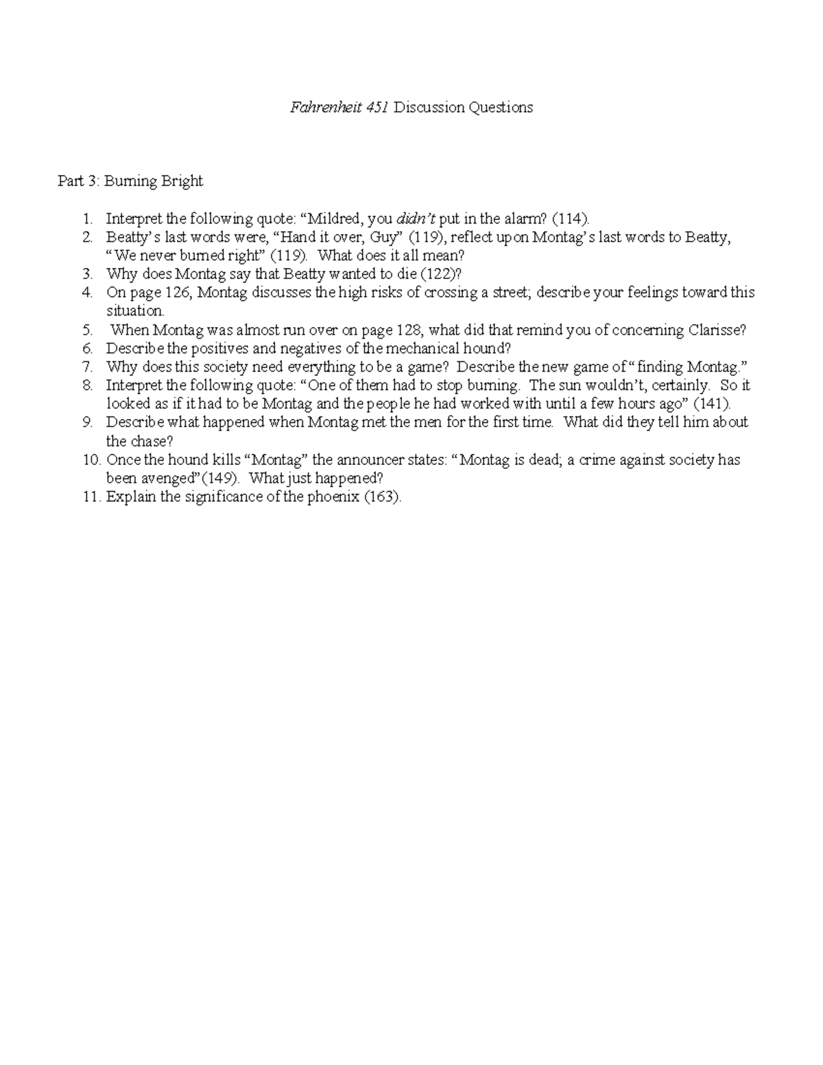 Burning Bright Questions Fahrenheit 451 Discussion Questions Part 3