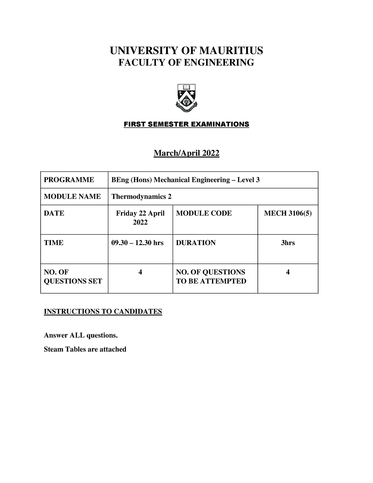 MECH3106 5 2022 1 - lorem - UNIVERSITY OF MAURITIUS FACULTY OF ...