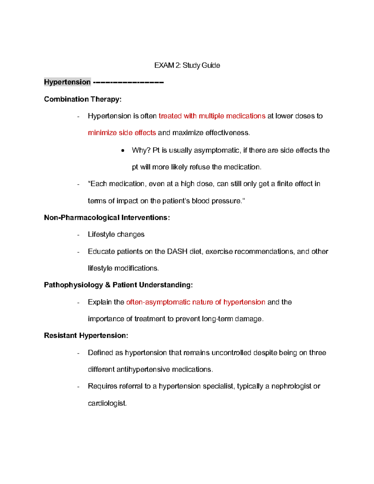 Pharm II Exam 2 Brief Notes - EXAM 2: Study Guide Hypertension ...
