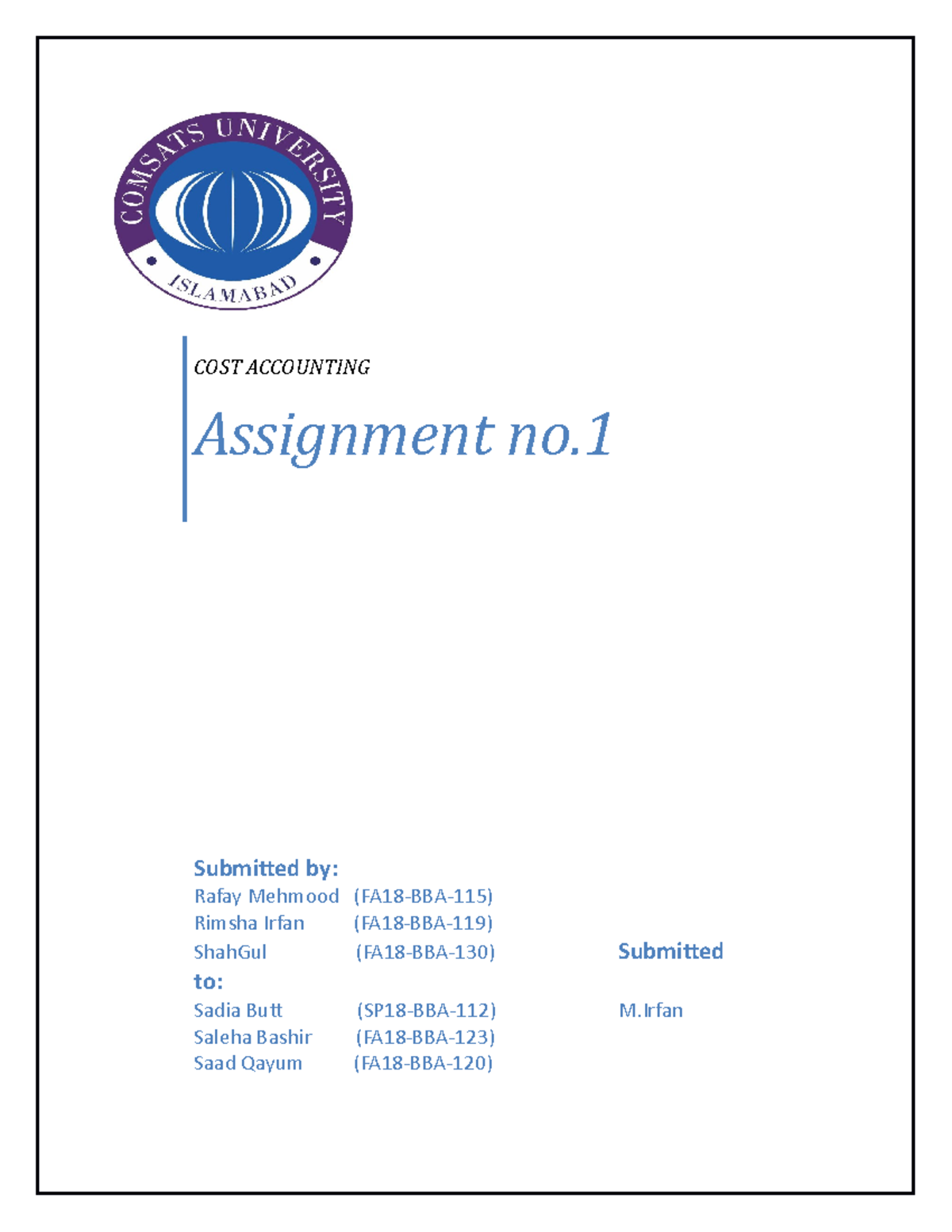 COST Accounting - .... - COST ACCOUNTING Assignment no. Submitted by ...