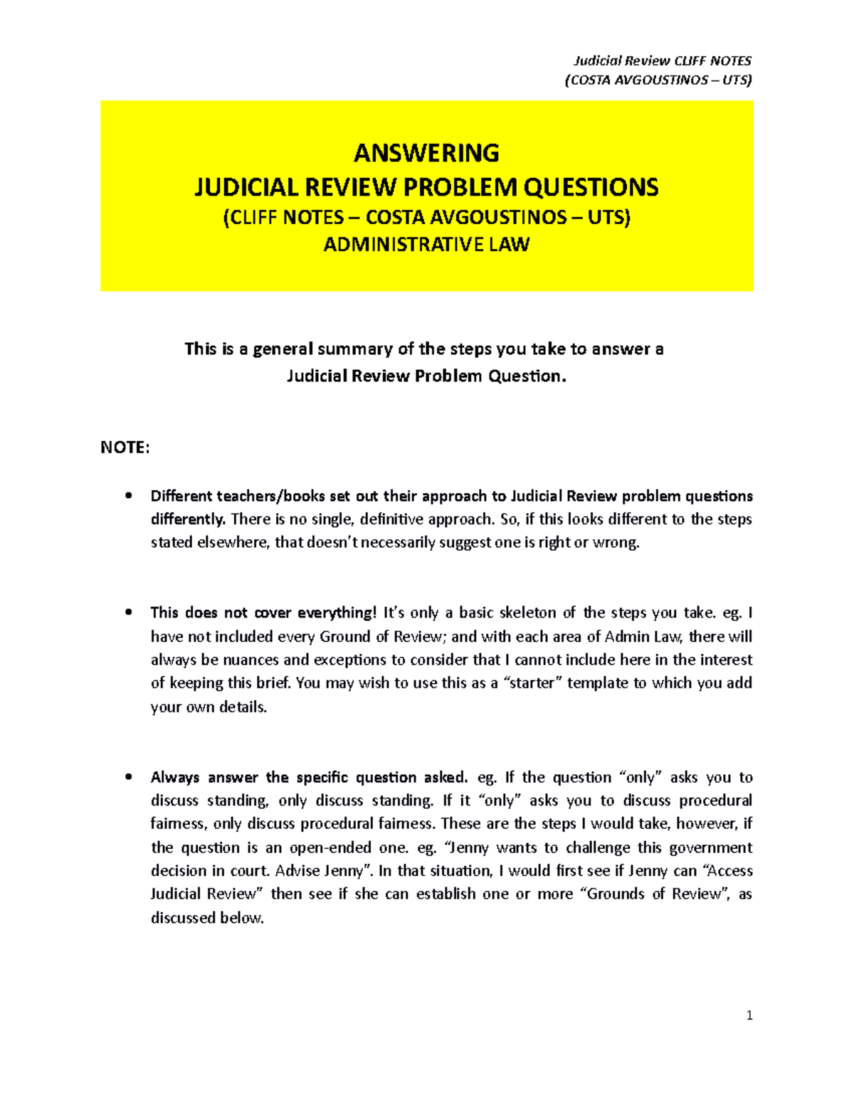 Judicial Review Cliff Notes - (COSTA AVGOUSTINOS – UTS) ANSWERING ...