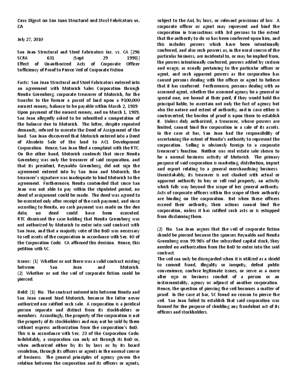 San juan structural and Steel fabricators vs CA July 27, 2010 San