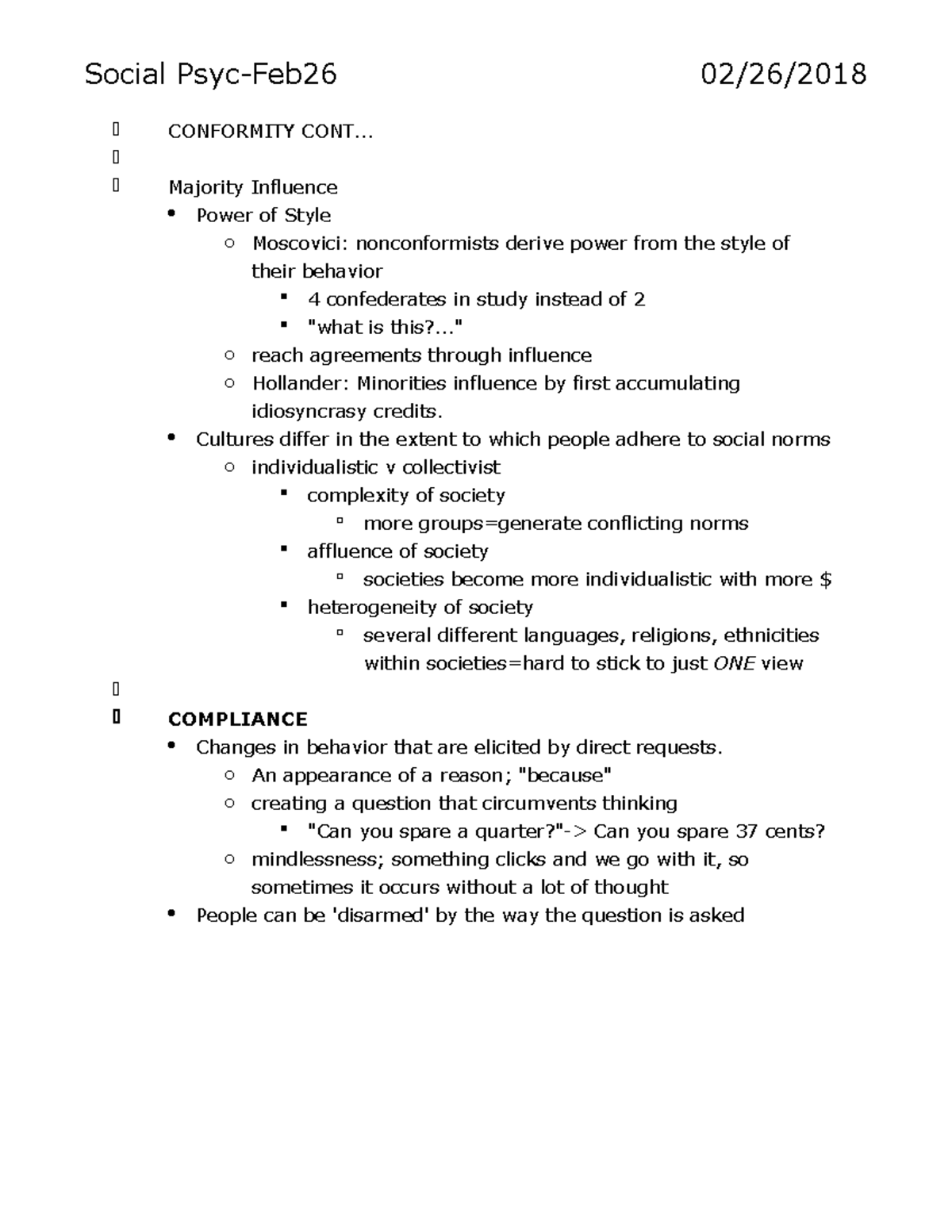 Social Psyc Feb26 Conformity cont - Social Psyc-Feb26 02/26/ CONFORMITY ...