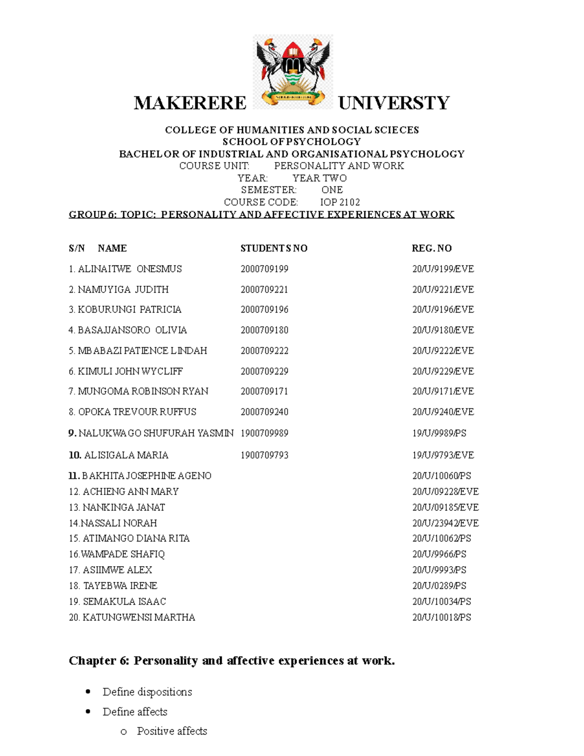 Personality and work (IOP2102) Group 6 Final - MAKERERE UNIVERSTY ...