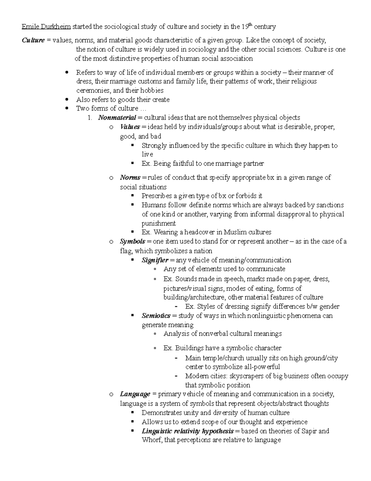 Chapter 3 notes - Emile Durkheim started the sociological study of ...