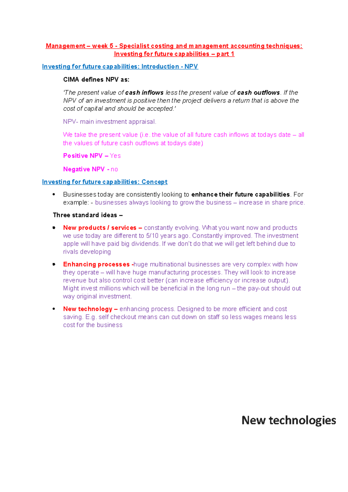 Management notes week 5 - Management – week 5 - Specialist costing and ...