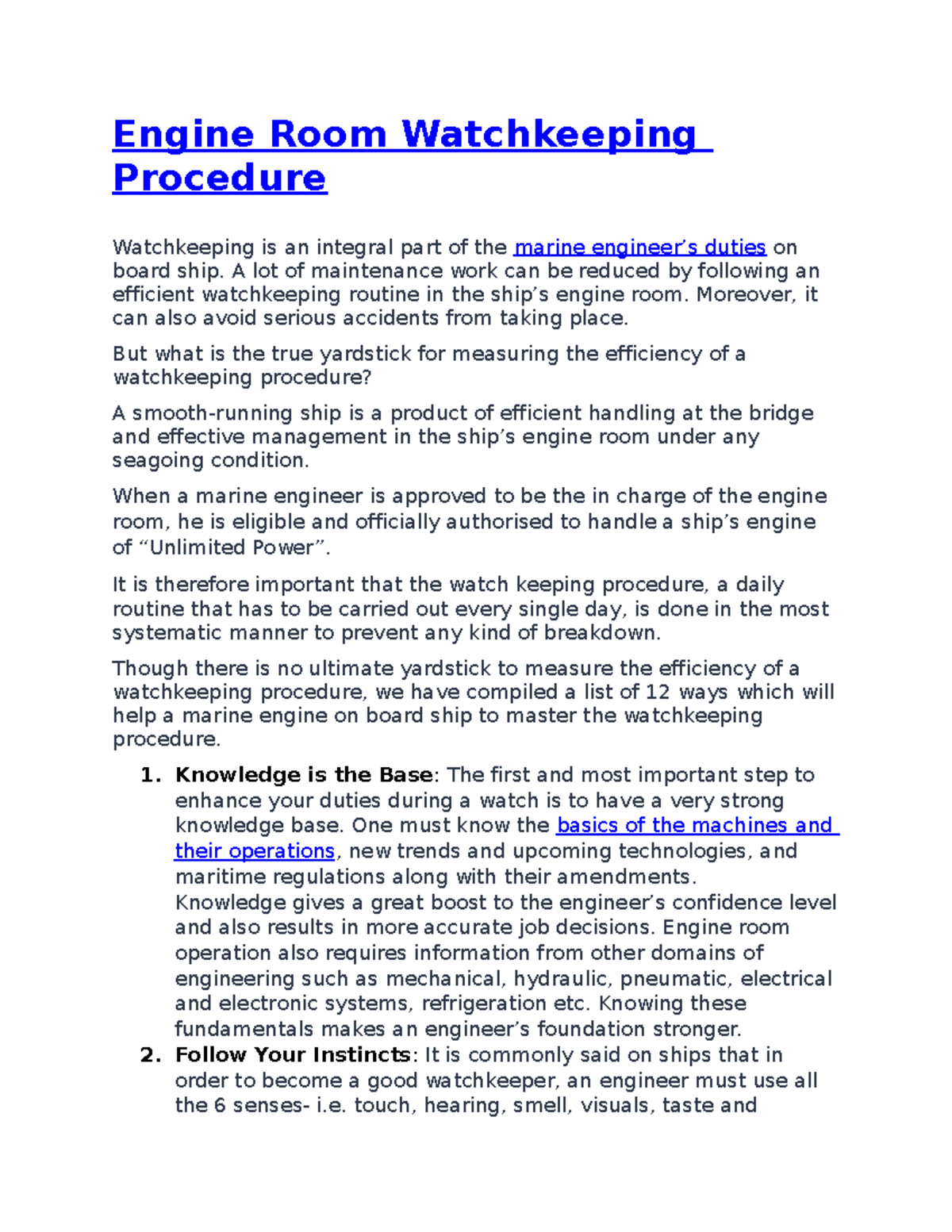 Engine Room Watchkeeping Procedure Engine Room Watchkeeping Procedure