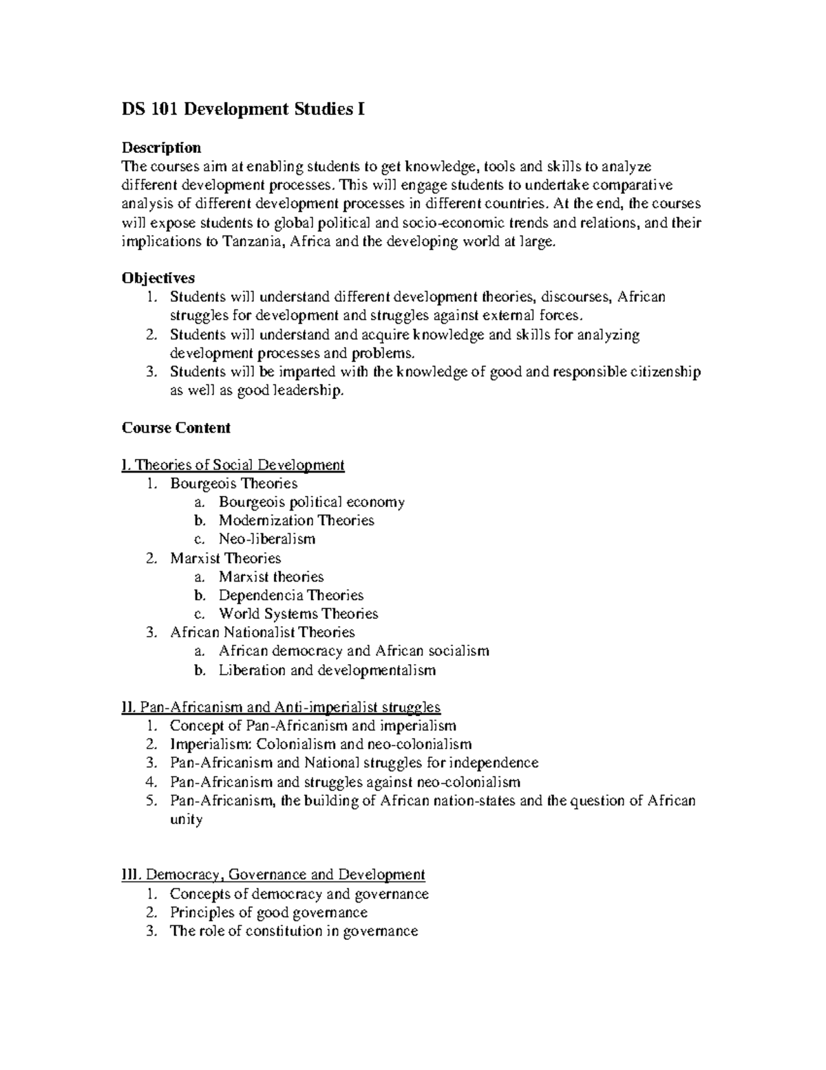 Syllabi development Studies101,102) - DS 101 Development Studies I ...