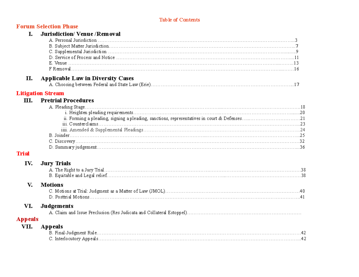Civil Procedure Table of Contents Forum Selection Phase I