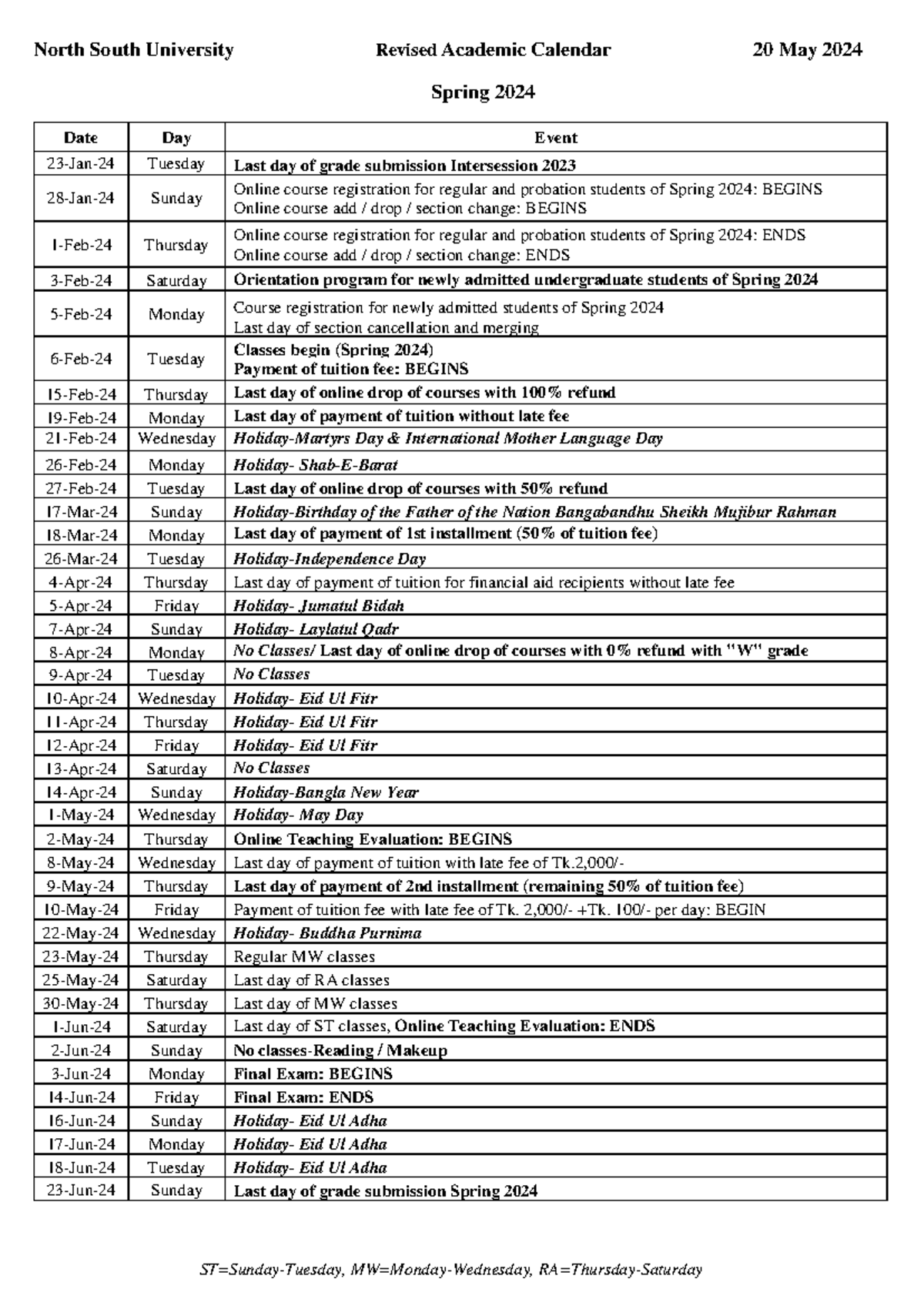 Revised academic calendar spring 2024 20 may 2024 North South