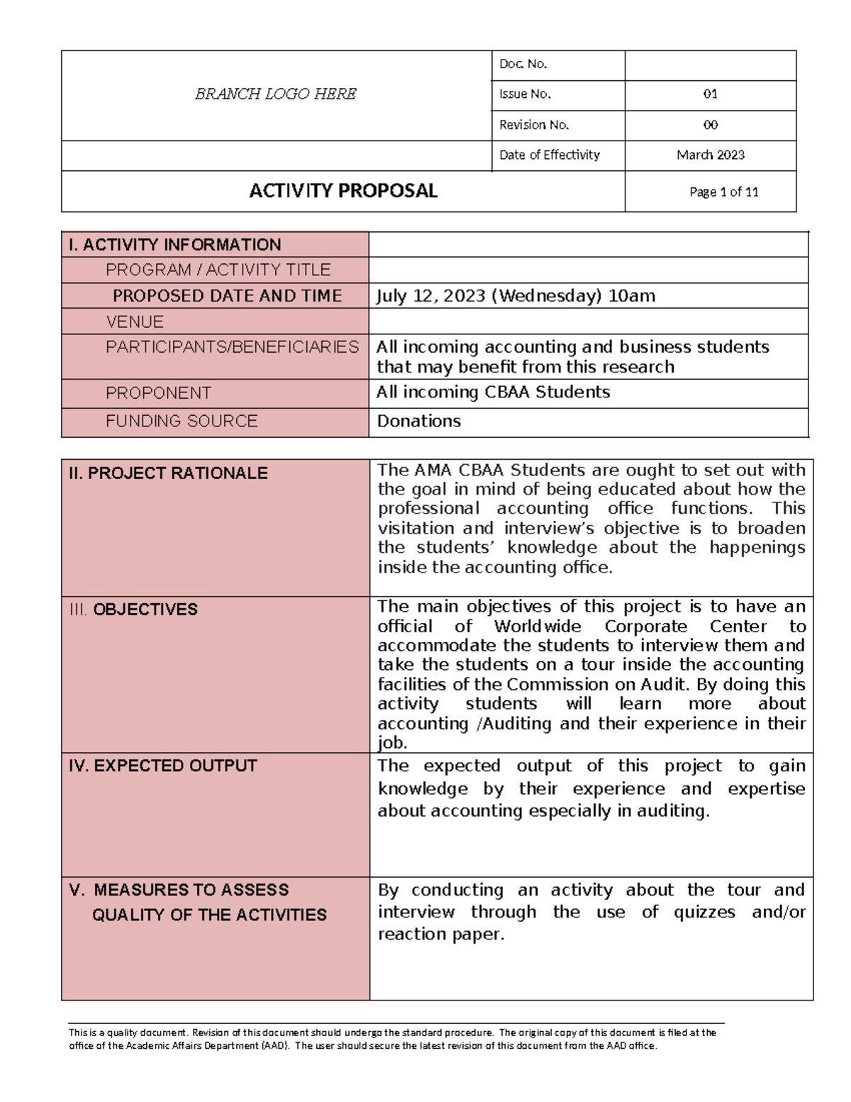 Appendix-A -Activity-Proposal - BRANCH LOGO HERE Issue No. 01 Revision ...