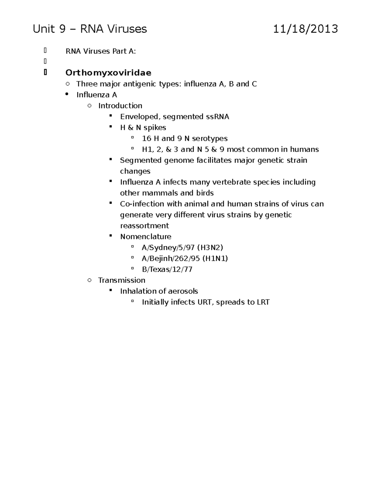 Unit 9 – RNA Viruses - Lecture notes 7 - Unit 9 – RNA Viruses 11/18 ...