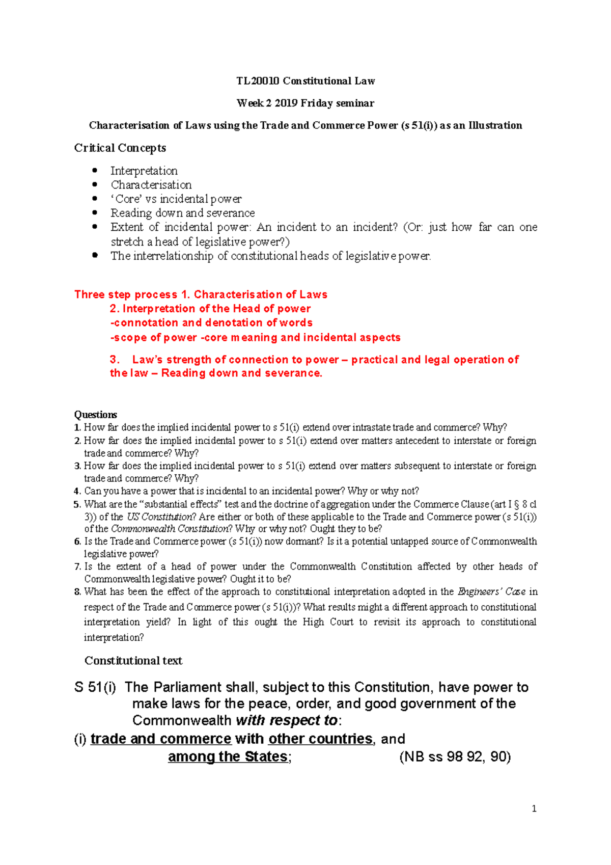 Week 2 s 51(i) trade and commerce power - TL20010 Constitutional Law ...