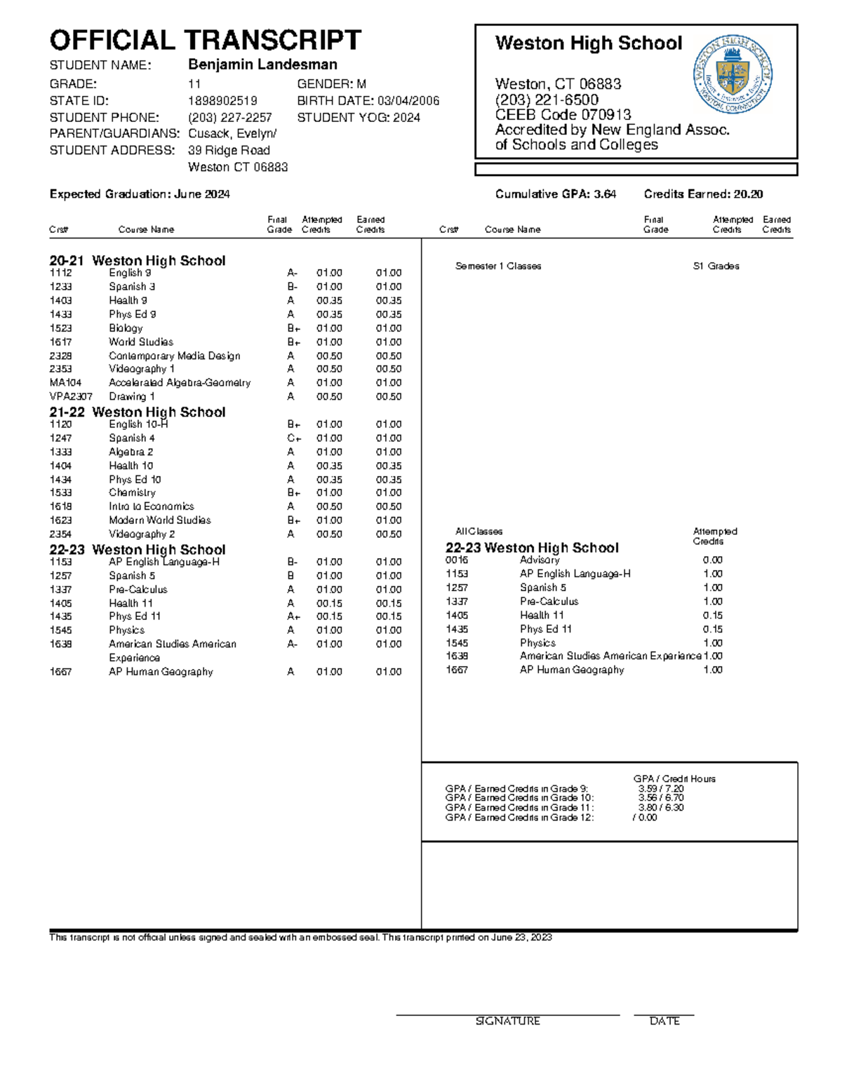 Ben Little assignment Weston, CT 06883 (203) 221 CEEB Code 070913 Accredited by New England
