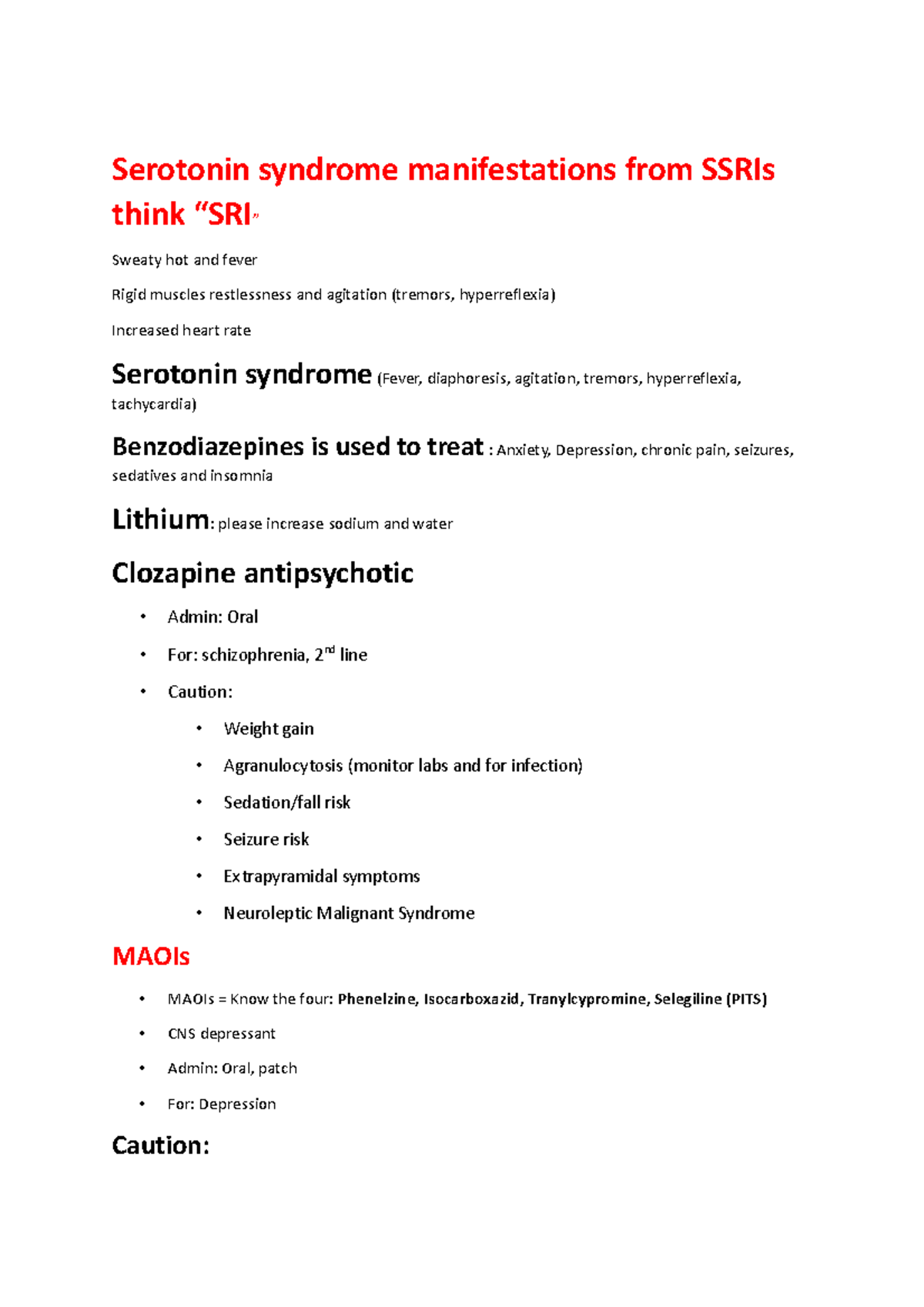 Pharm week 6 review - PSYCH MEDS - Serotonin syndrome manifestations ...