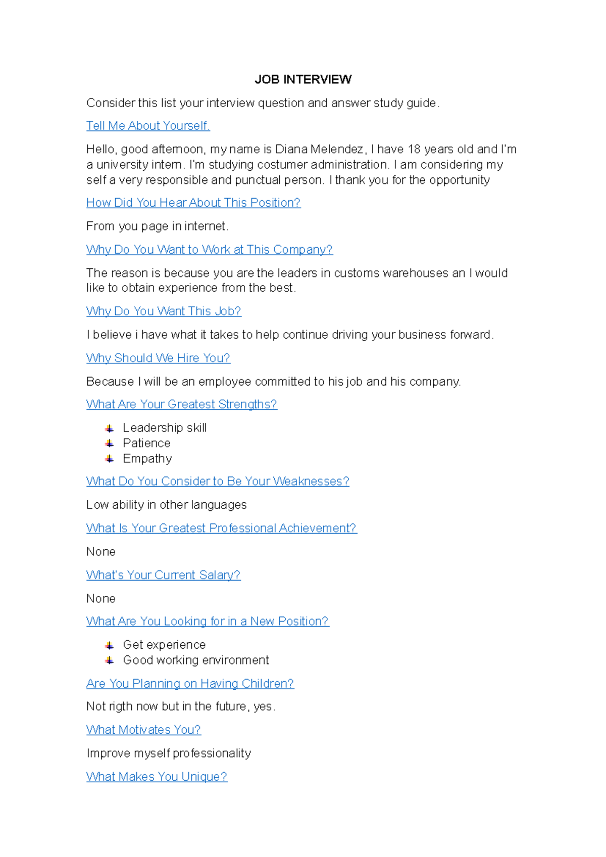 Job Intervie Ingles - JOB INTERVIEW Consider this list your interview ...