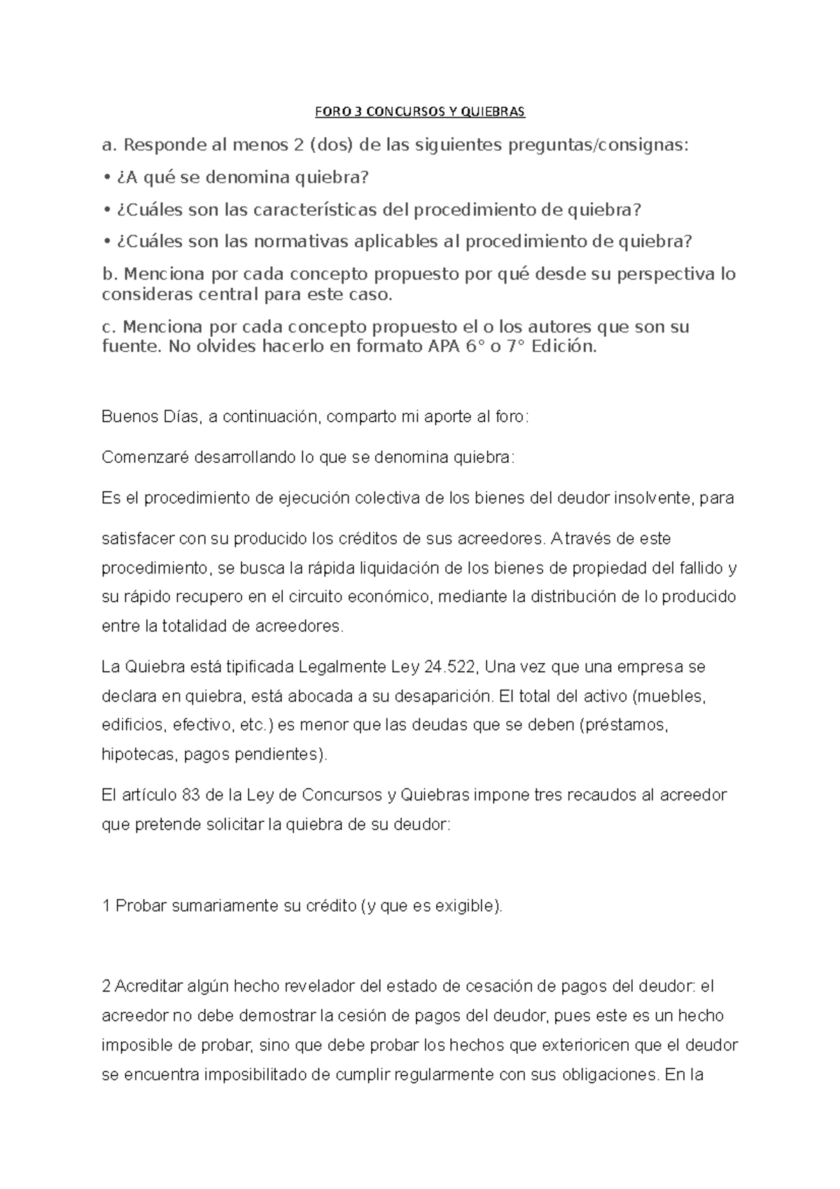 FORO 3 Concursos Y Quiebras FORO 3 CONCURSOS Y QUIEBRAS a. Responde